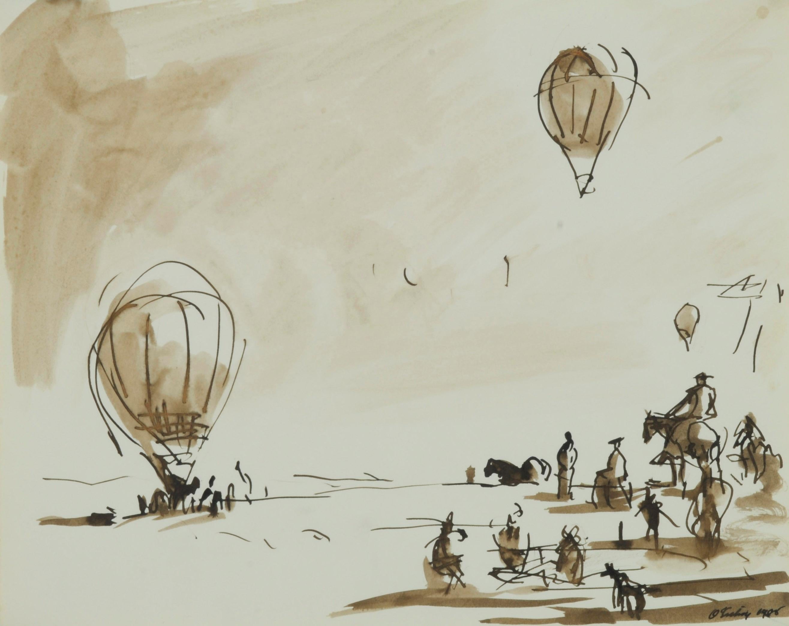 Joseph O'Sickey Landscape Art – Ohne Titel (Hot Air Baloon Ascent and Spectators)