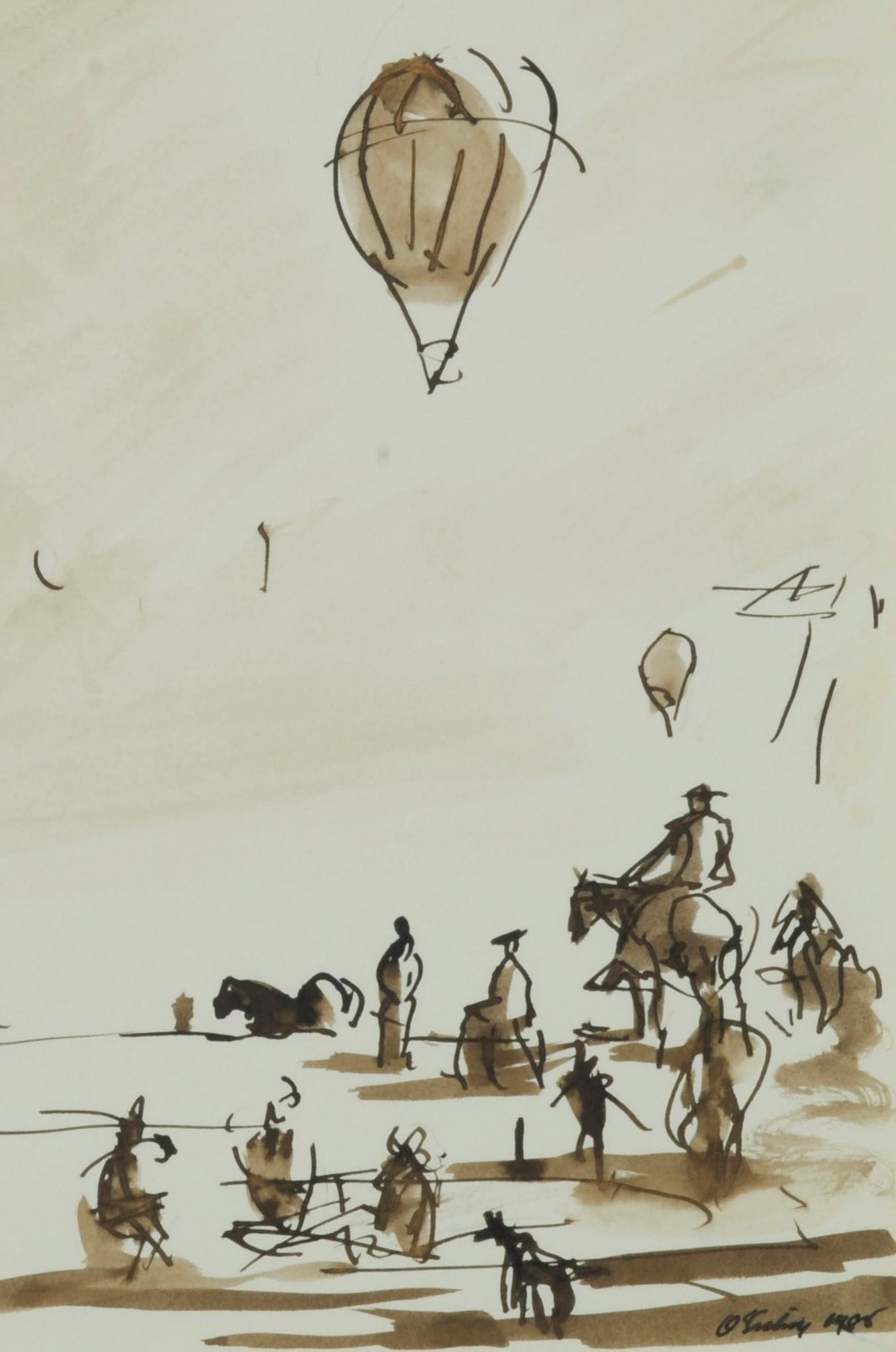 Sans titre (Montée en montgolfière et spectateurs)
Lavis sépia sur papier vélin, 1985
Signé et daté à l'encre dans le coin inférieur droit
Extrait du carnet de croquis de l'artiste datant de 1985
Probablement une vue de Cape Cod, réalisée lors d'une