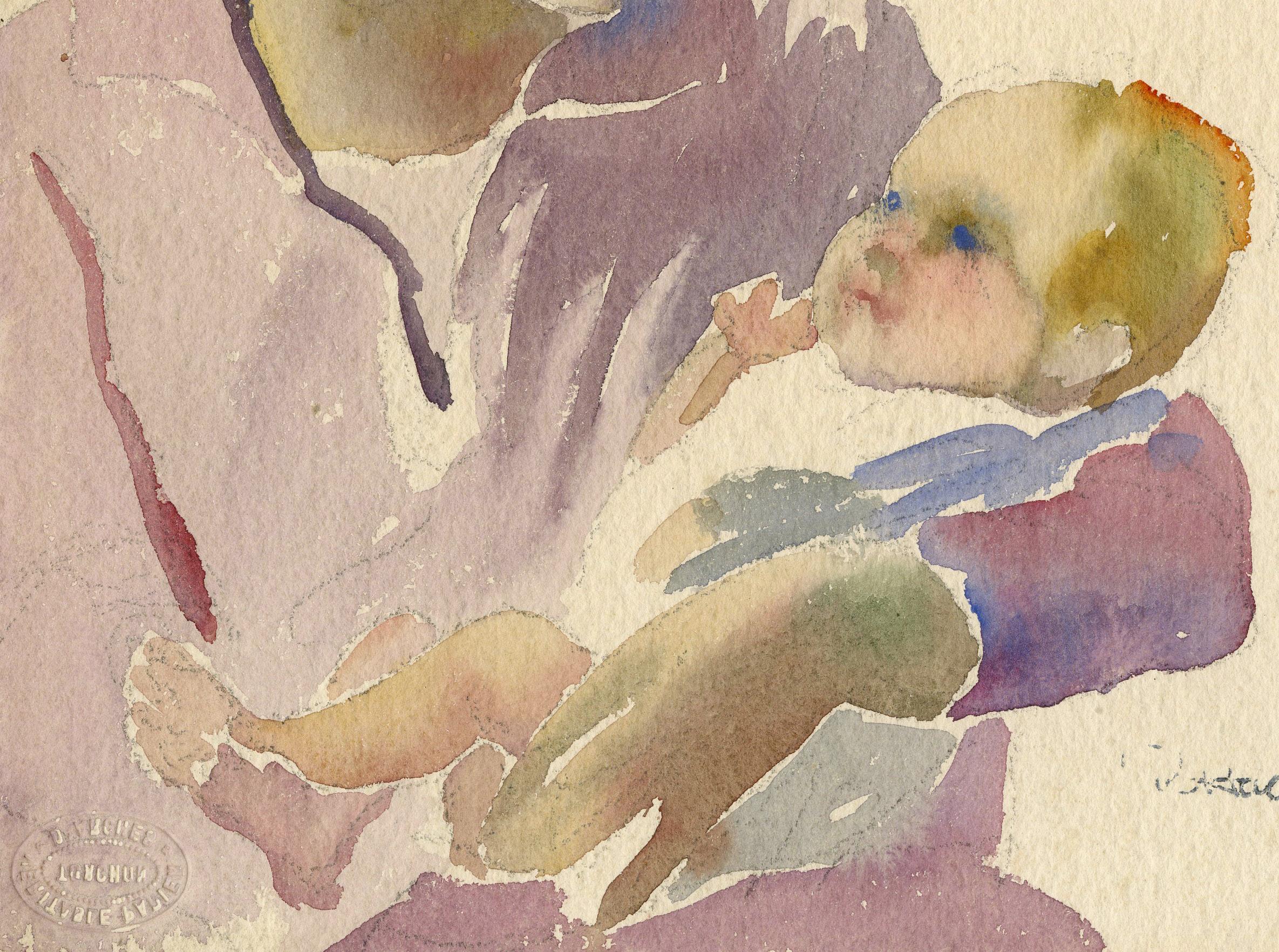 Woman with child
Watercolor on paper, c. 1930
Signed with the estate stamp lower right (see photo)
Exhibited: Marbella Gallery, New York
Illustrated: Robert Hallowell: An Artist Rediscovered, Marbella Gallery, n.d., No. 40, page 12
Provenance: