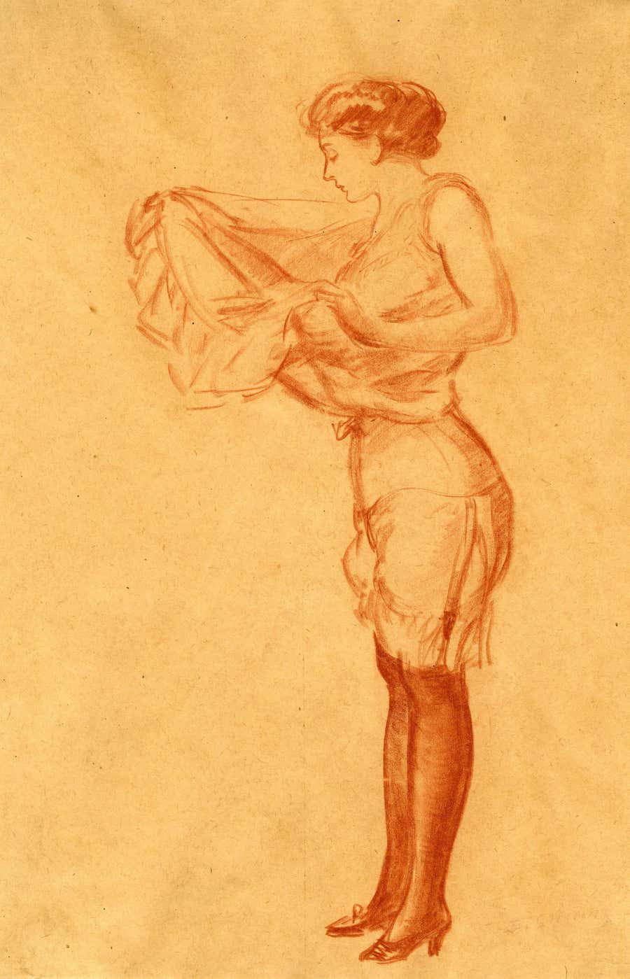 Woman Pulling on a Slip, Conté on Paper, Ashcan School, Signed, 1910