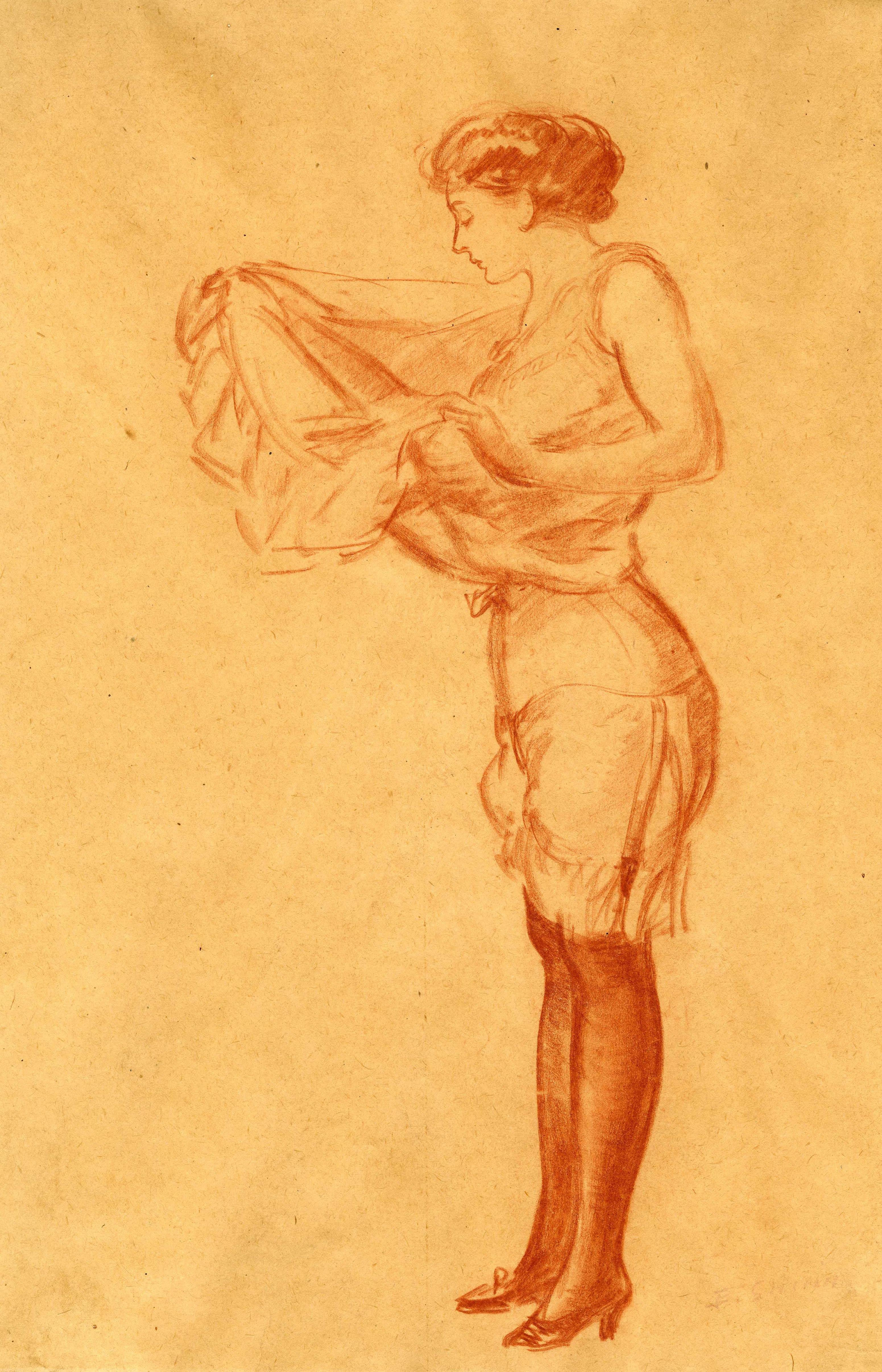 Woman Pulling on a Slip
Conte on paper, c. 1910
Signed lower right: 