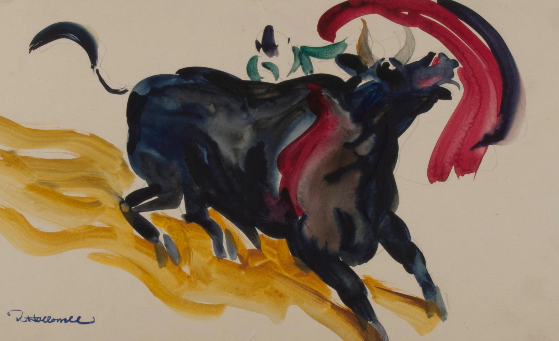 Bull engaging the muleta (Bull Fight) - American Modern Art by Robert Hallowell