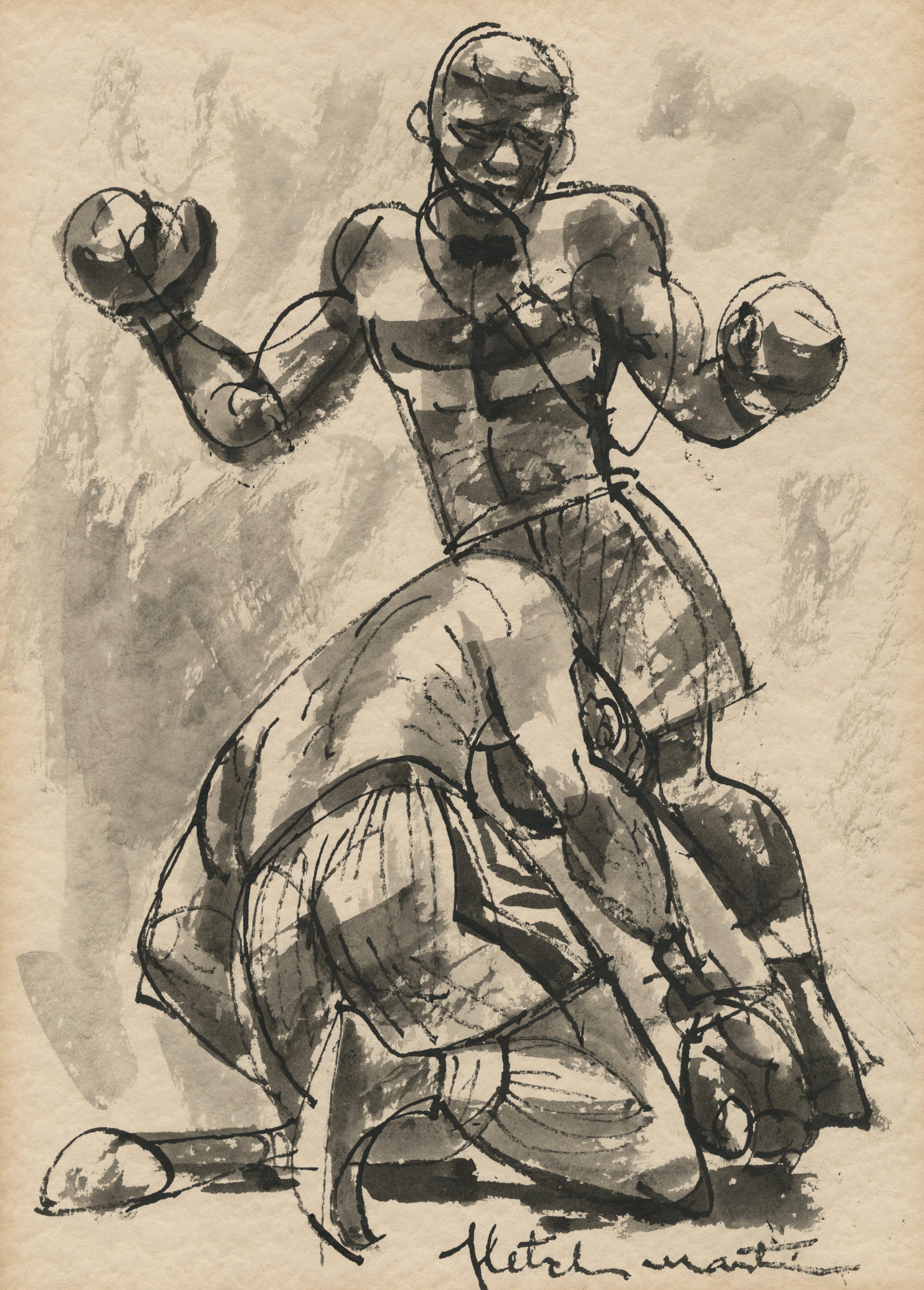 Fletcher Martin Figurative Art - Untitled (Joe Louis knocking out Max Schmeling in 1938 rematch)