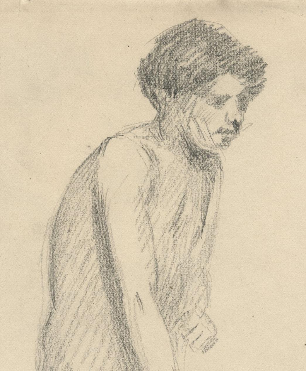 Standing Male Nude
Graphite on wove paper, c. 1890's
Unsigned
Sheet size: 9 5/16 x 6 inches
Provenance:
Rookwood Pottery Factory Collection, Cincinnati
Ira Spanierman, New York (label)

Drawings from the sketchbook are in the collections of the