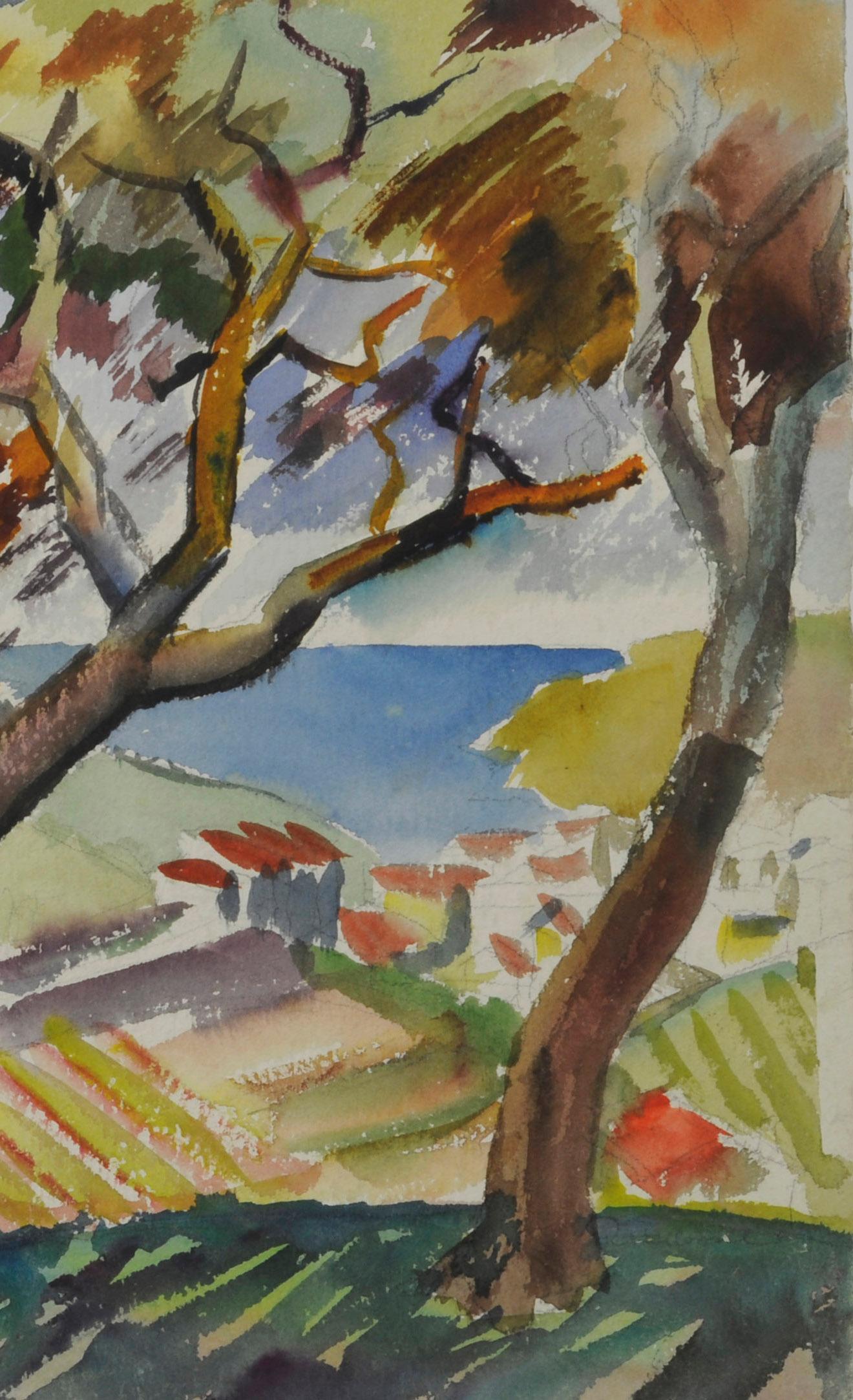 Trees Over the Vineyard
Watercolor on heavy paper, c. 1930
Signed with the estate stamp verso (see photo)
Sheet size: 16 1/2 x 19 1/8 inches
Condition: Excellent
Illustrated: Marbella Gallery Inc., Robert Hallowell, 1886-1939), No. 13
Provenance: