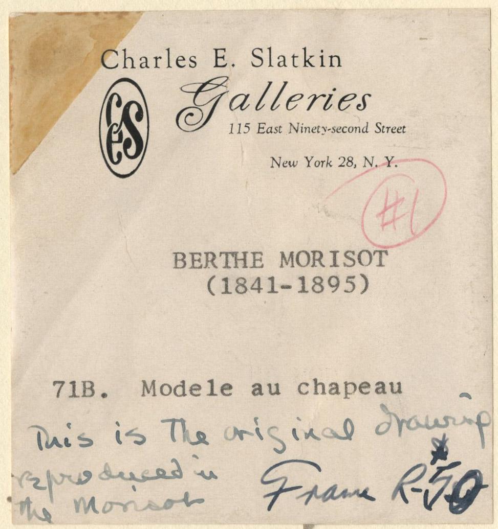 
Signed with the estate stamp initials lower right, Lugt 388a (see photo)
Provenance:
Richard Norton Gallery, Chicago (label verso)
Fairweather-Hardin Gallery, Chicago (label verso)
Charles E. Slatkin Galleries, New York (label verso)

References
