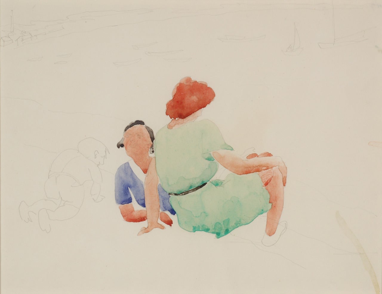 Charles Demuth Figurative Art - Two Women and a Child on the Beach at Provincetown