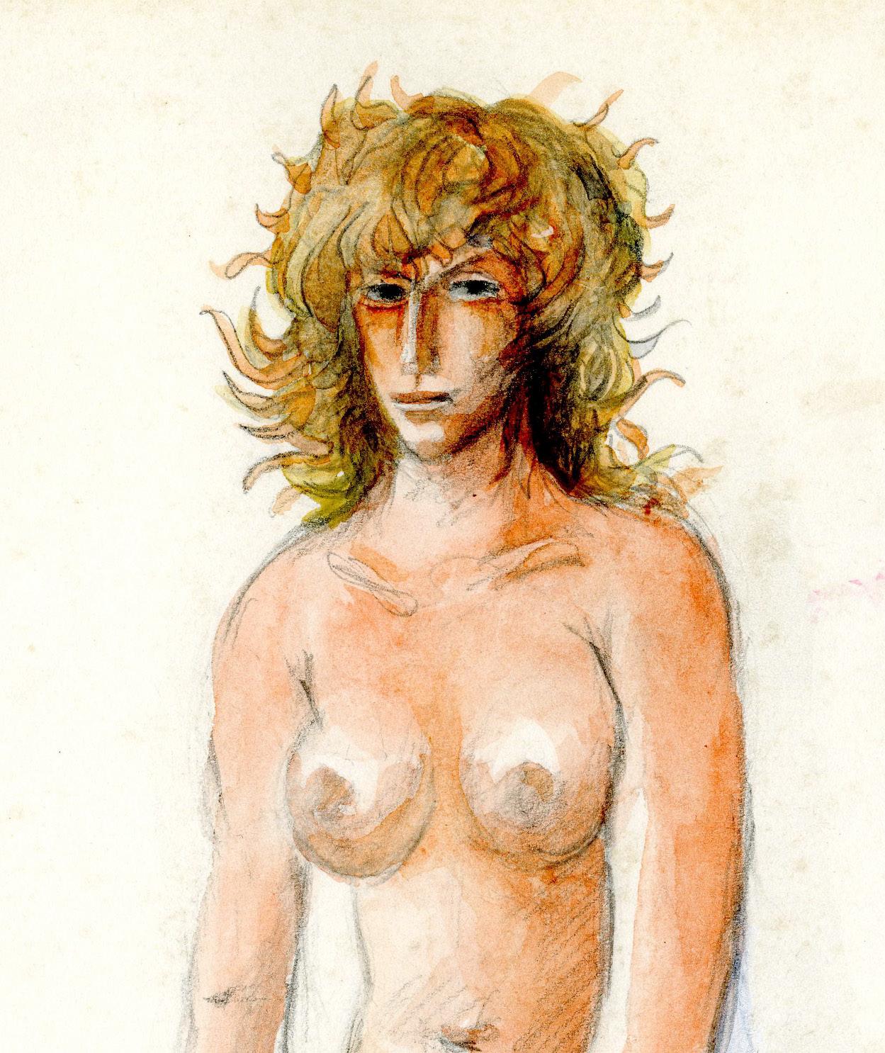 Seated Female Nude (Devora)
Watercolor on paper, c. 1970
Signed in pencil lower right (see photo)
A folio from the artist's sketchbook. Done while the artist was in Florida.
Condition: slight staining in the upper corners
Sheet size: 11 x 14