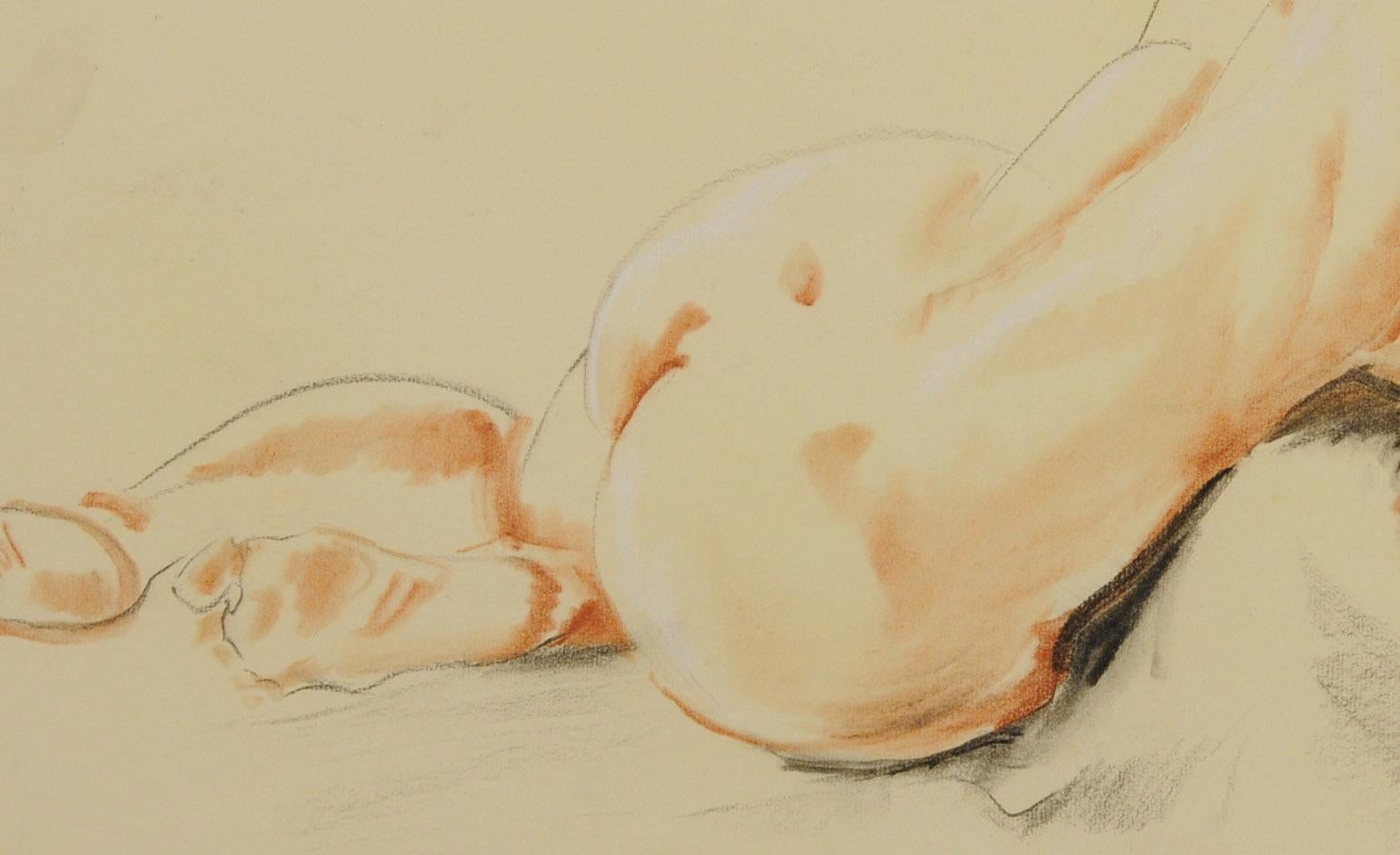 Reclining Female Nude
Charcoal and colored chalks with white highlights on tan laid paper, c. 1948
Signed and monogrammed by the artist lower right
      (see photo)
A masterpiece drawing demonstrating the foreshortening of the model's legs.
From