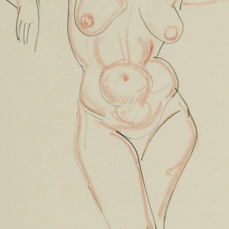 Nackt
Zeichnung mit Streichholz und Tusche, überhöht mit Konterfei-Kreide
c. 1925
Signiert mit dem Nachlassstempel 