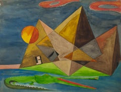Vintage Untitled (Surrealist rendering of Pyramids at Giza with alligator)