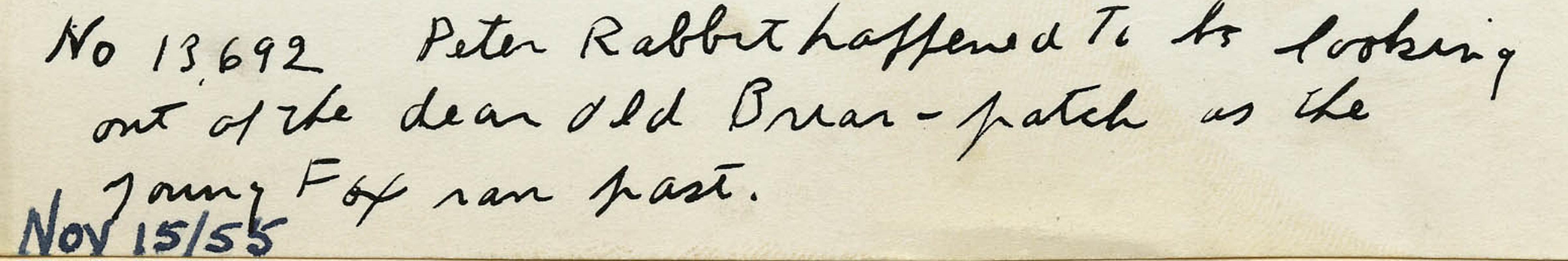 Peter Rabbit schaute zufällig aus dem guten alten Briar-Patch, als der junge Fuchs vorbeirannte.
Tinte auf Papier, 1955
Signiert 
