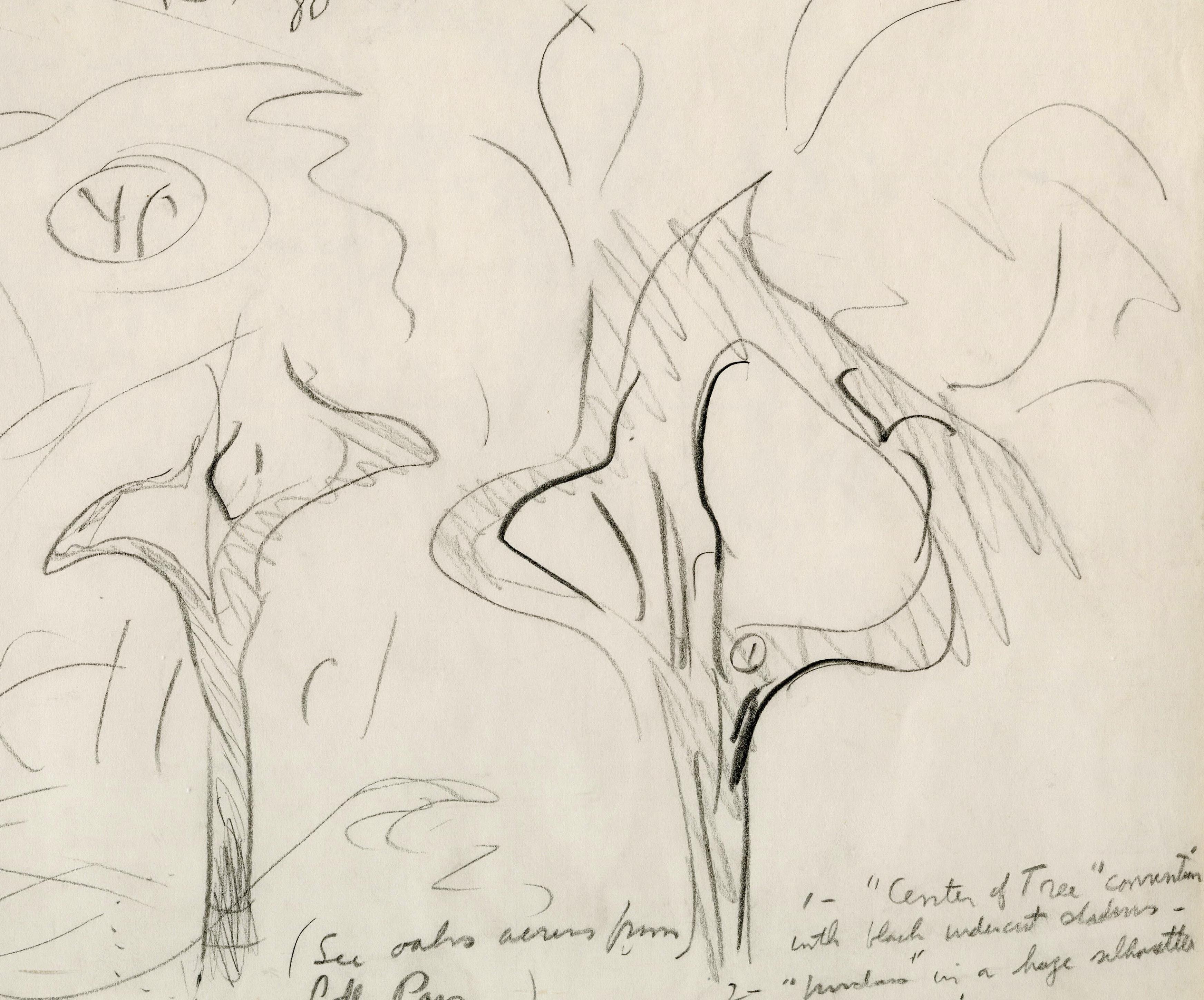 Blizzard à Wood Wood
Graphite sur papier, c. 1945-1963
Non signé
Provenance : Sid Deutsch Gallery (a) Gallery, New York
Annoté de notes pour compléter le dessin.  La Deutsch Gallery s'occupe des œuvres de Burchfield depuis le début des années 1960. 