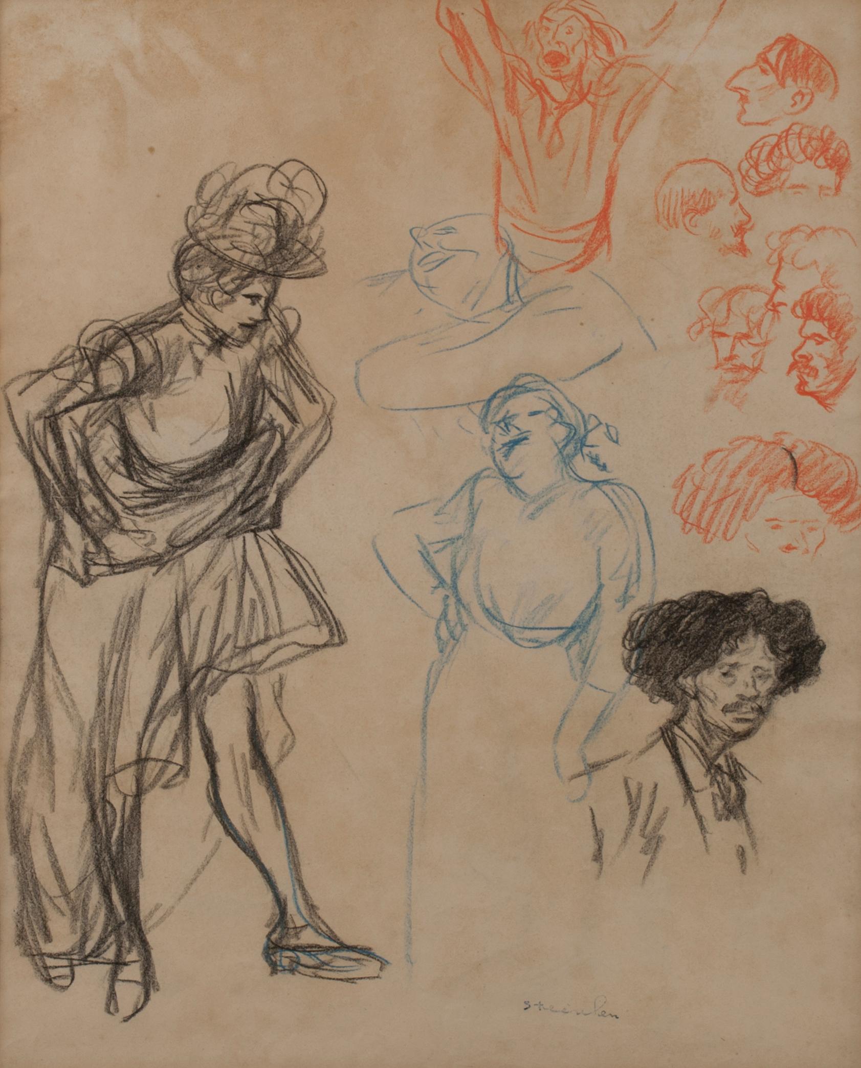 Théophile Alexandre Steinlen Figurative Art - Double sided crayon drawing in colors: Study for "The Shoe" (recto)