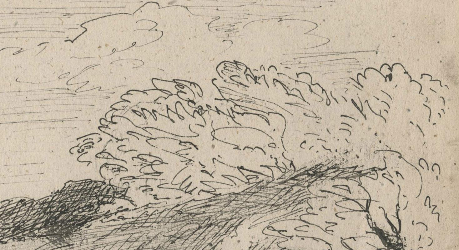 The River Barge
Feder und Tinte auf Papier auf Bütten, in englisches Passepartout montiert, um 1810
Vorzeichenlos
Zustand: Leichte Sonnenflecken auf Blatt und Passepartout im Fenster (siehe Foto)
Bild/Blattgröße: 5 1/4 x 6 11/16 Zoll
Ansicht: :