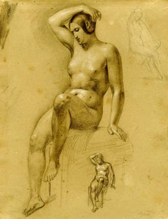 Estudio de una mujer sentada y dos estudios más pequeños de la misma
