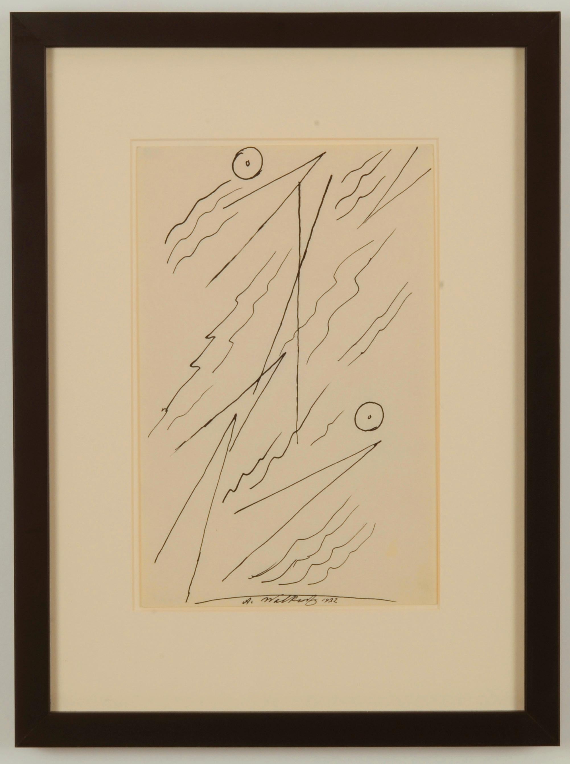 Abstraktion ohne Titel
Feder und Tinte auf Papier, 1932
Signiert und datiert in Tinte unten in der Mitte
Zustand: Ausgezeichnet
Blatt/Bildgröße: 10 3/8 x 6 1/4 Zoll
Rahmengröße: 16 1/2 x 12 1/2