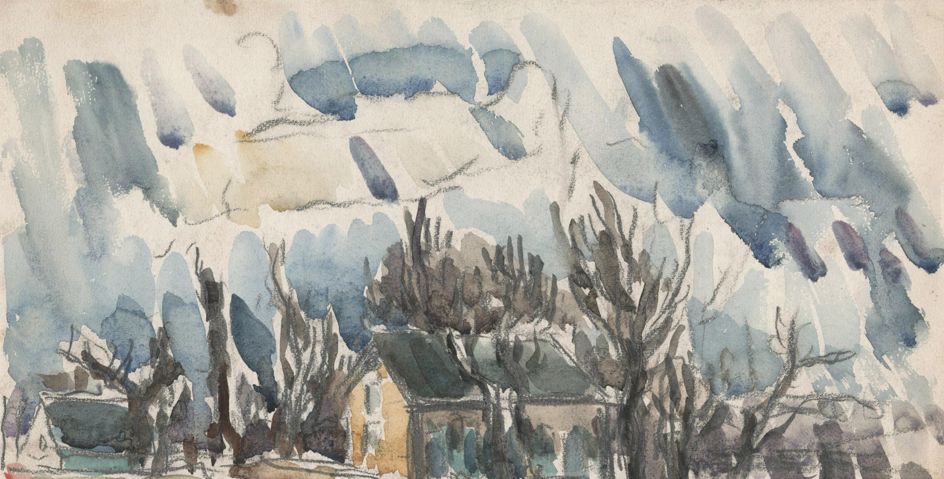 Paisaje con edificios y árboles - Landscape Art Gris de Leon Kelly