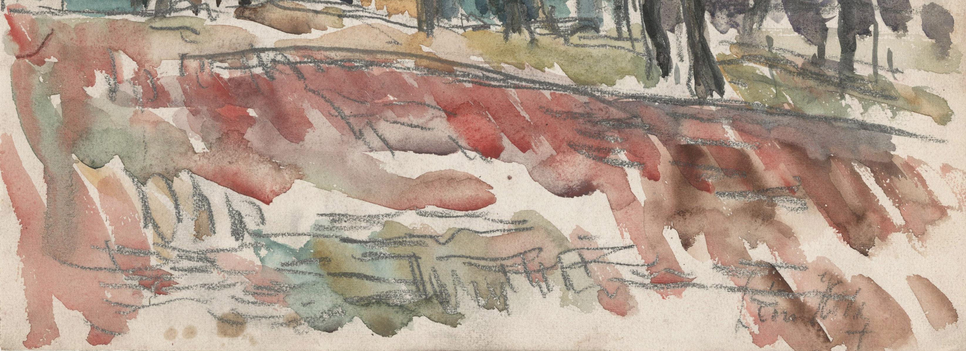 Paisaje con edificios y árboles
Acuarela sobre papel, c. 1930
Firmado a lápiz abajo a la derecha (ver foto)
Procedencia: Propiedad del artista
Estado: Excelente
Tamaño de la hoja: 9 3/8 x 11 pulgadas
Lo más probable es que se tratara de una escena
