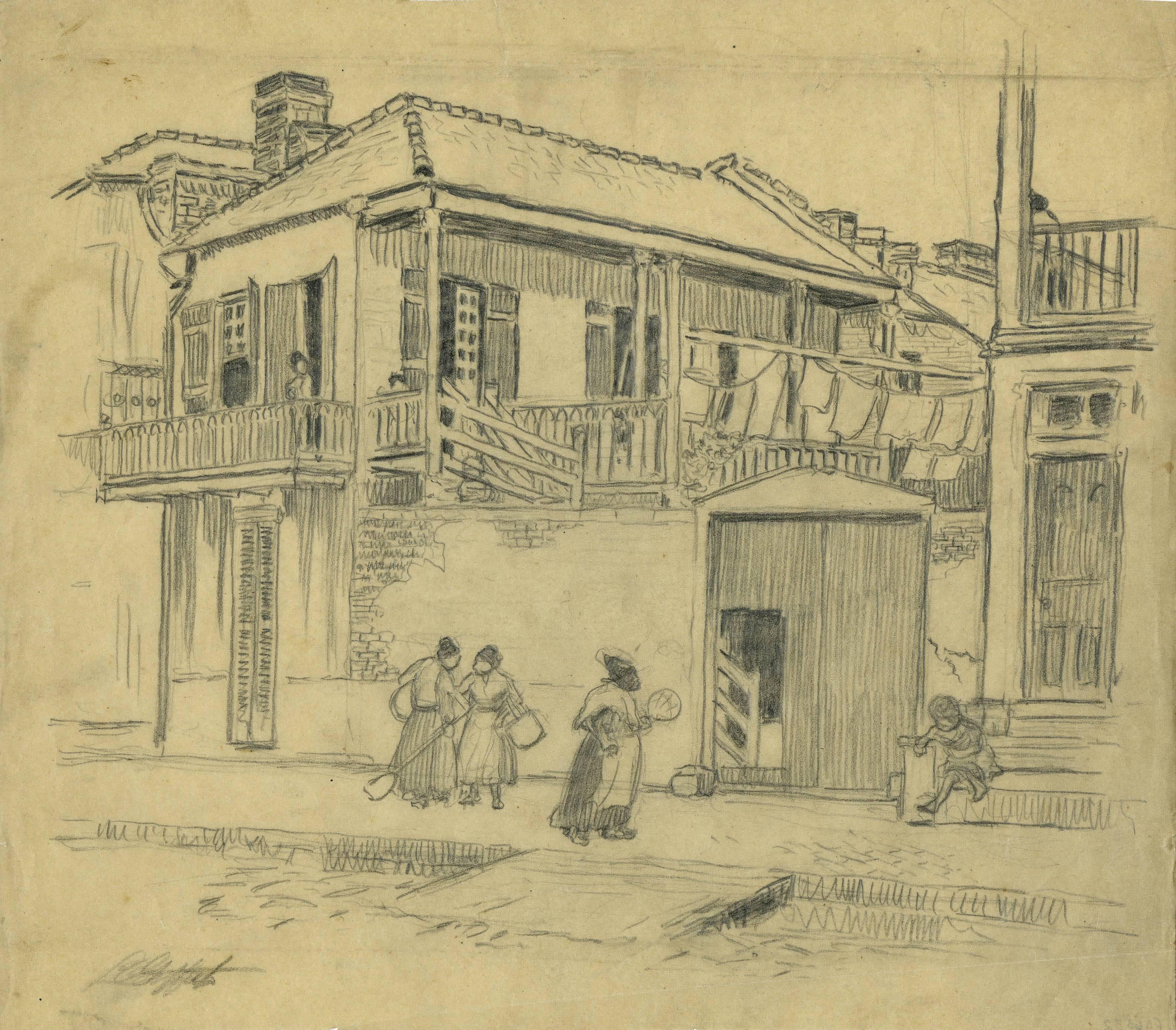 Landscape Art de Louis Oscar Griffith - Dibujo preliminar para el aguatinta en color "Nueva Orleans, cotilleo callejero"