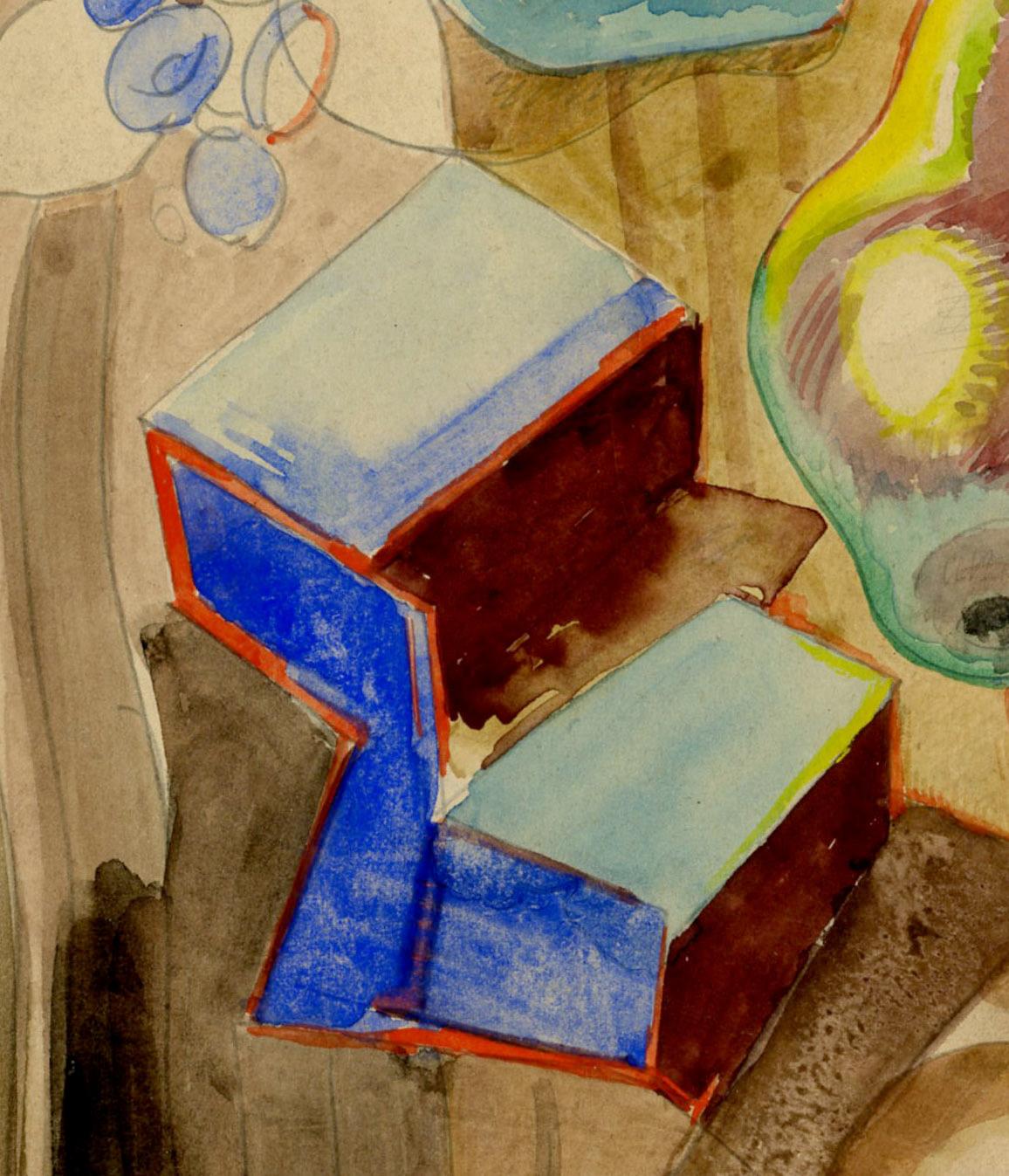 Stillleben mit Tromp L'Oeil
Graphit und Aquarell auf einer Buchseite.
Signiert mit Tinte vom Künstler unten rechts
      (siehe Foto)
Provenienz:
Nachlass des Künstlers (Nachlass-Nr. 00916 verso) 
Ray Sommer (der Sohn des Künstlers) 
Joseph M.