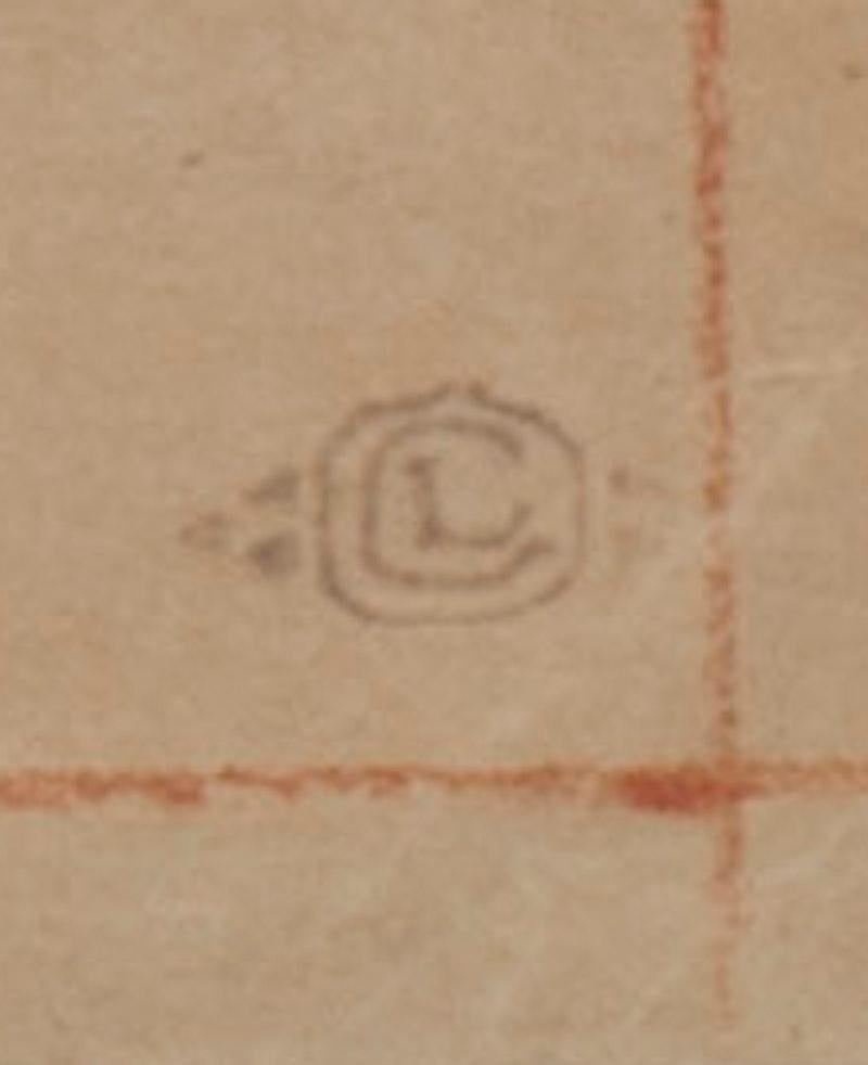 Pferde im Pferdestall
Schwarze Kreide auf hellbraunem Velinpapier, 1896
Signiert mit dem Nachlassstempel in der rechten unteren Ecke
      (siehe Foto)
Hinweis: Das Bild wurde für die Verwendung in einem großen Gemälde mit Rötelgitterlinien