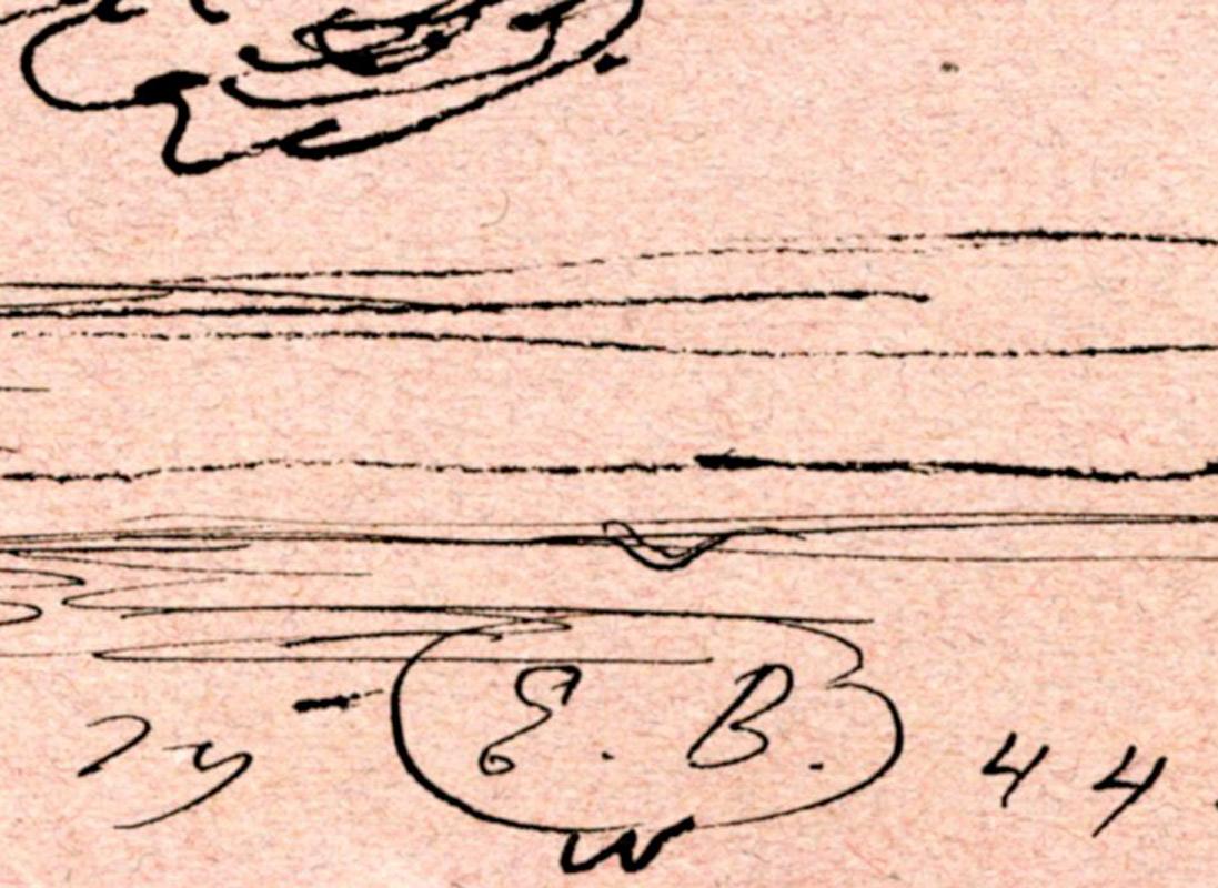 Veilleuse Sépulcrale
Verso : Etude de deux personnages dans un paysage 
Plume et encre sur papier filigrane Canson de couleur rose, 1944
Signé à l'encre avec les initiales de l'artiste en bas au centre (voir photo)
Daté 1944 en bas au centre ;