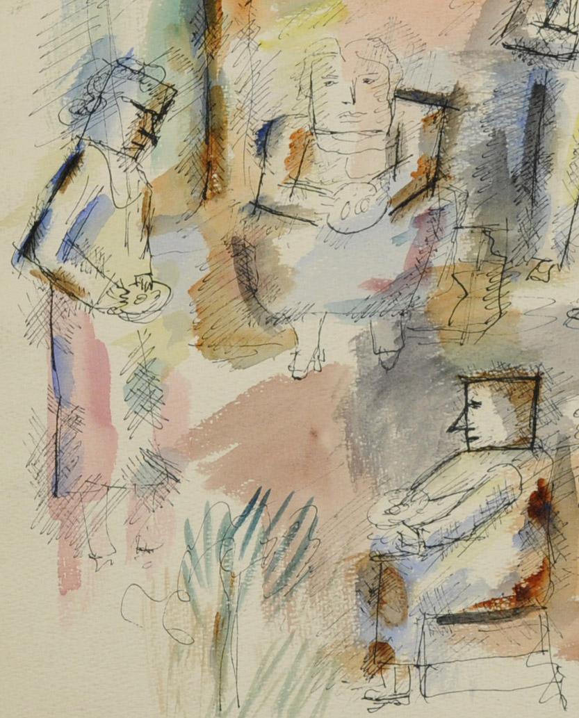 Interior Scene with Figures
Ink and watercolor on paper, c. 1930's
Signed with the Estate stamp lower center
Condition: Loss upper right corner; two small tears lower margin
                  Colors very fresh and vibrant
Provenance: Jem Hom
