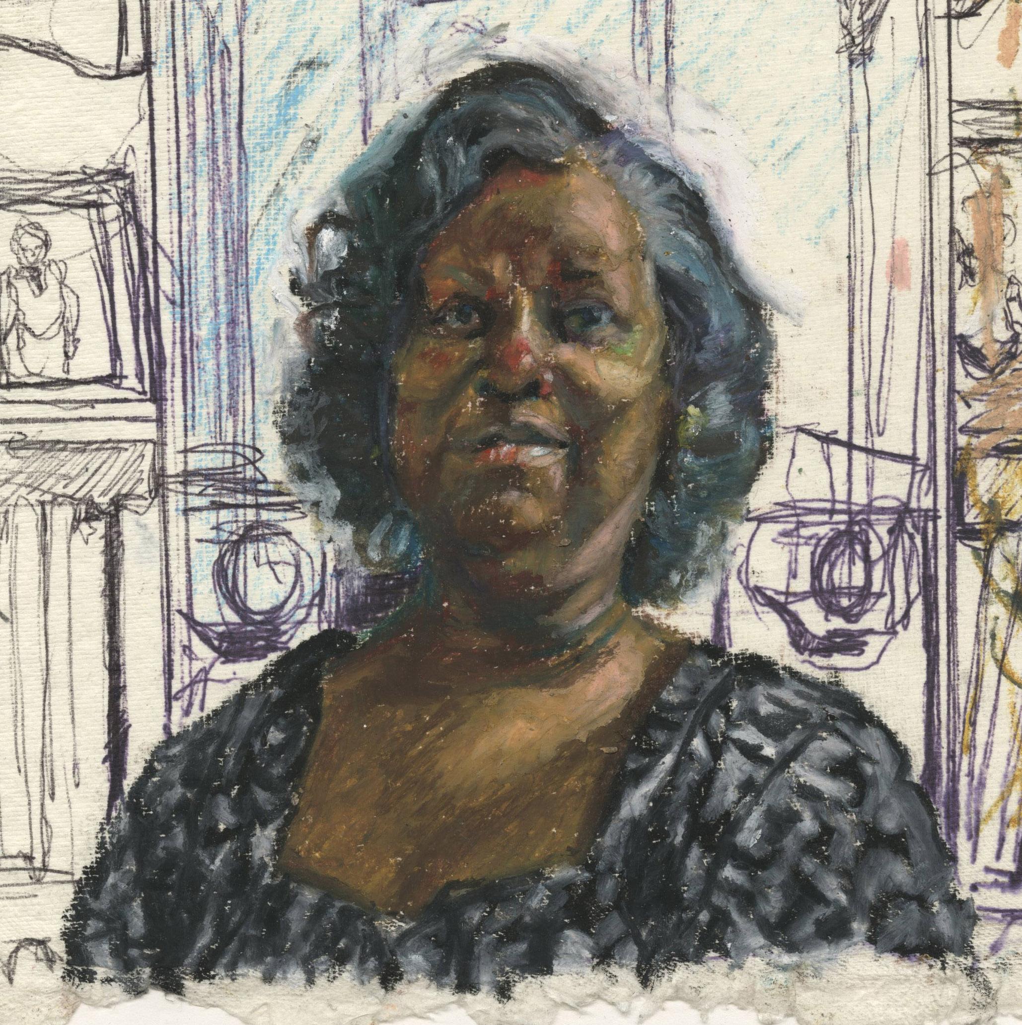 Next Door Neighbor
Oil pastel and ink on handmade paper, 2012
Signed vertically lower left in image (see photo)
Series: 99%
Exhibited: Swarthmore College, List Gallery,  Hiden in Plain Sight
January 22-February 24, 2013
Northern Ohio Art Dealer's