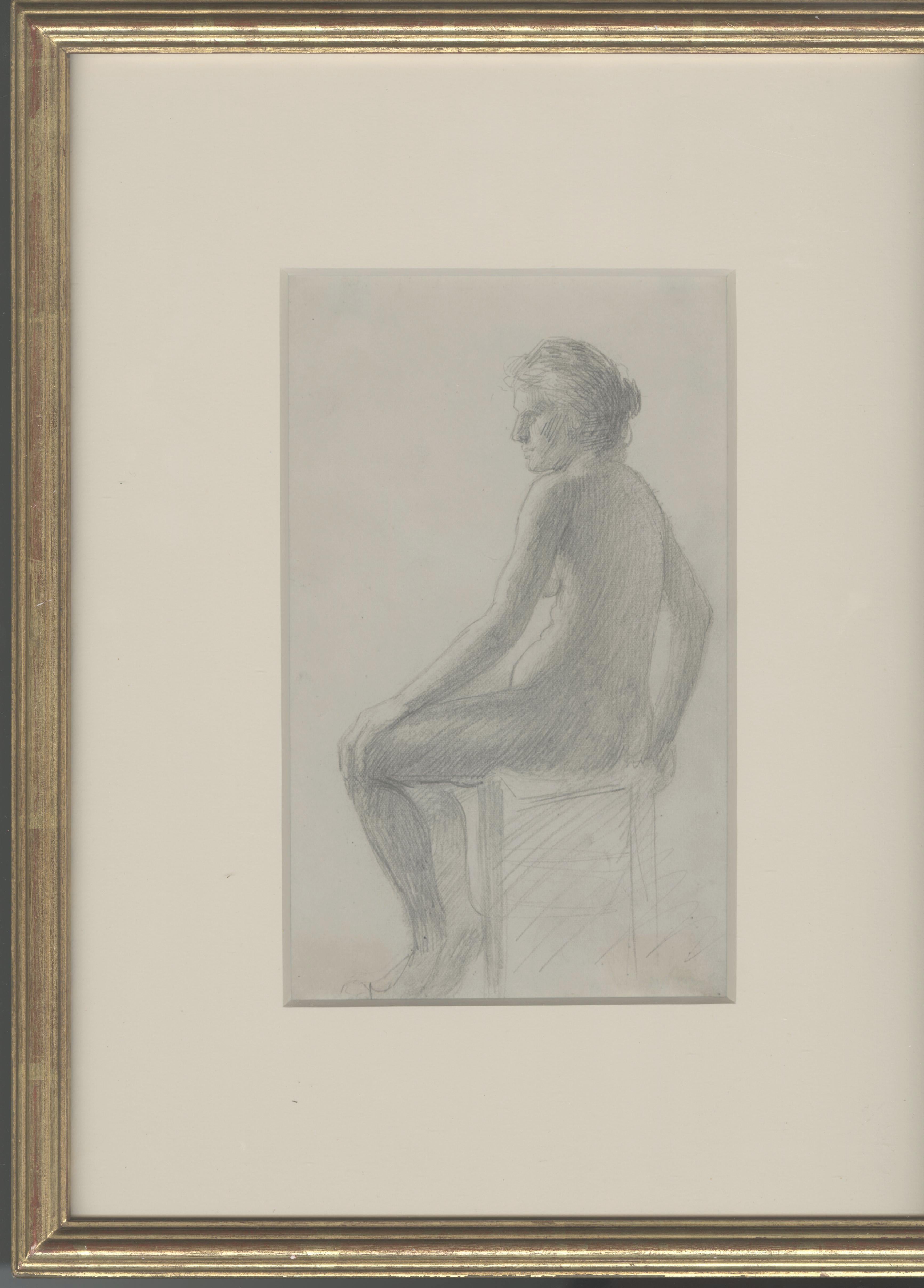 Side View Seated Female Nude
Graphite on paper, c. 1890's
Unsigned
Provenance:
Rookwood Pottery Factory Collection, Cincinnati
Spanierman Gallery, New York (label)

Drawings from the sketchbook are in the collections of the Munson Williams Proctor