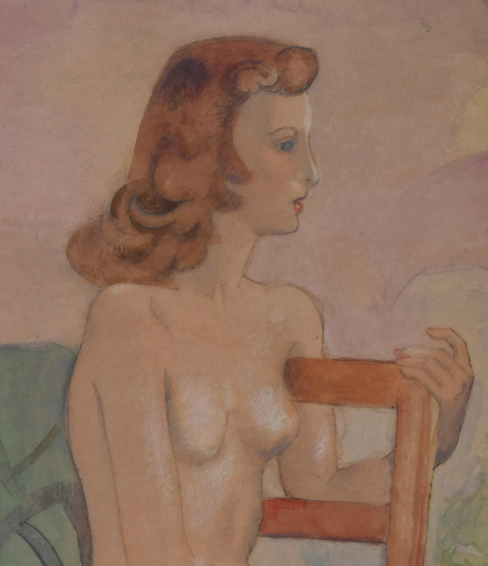 Nude Woman in Chair
Watercolor, gouache, ink, and pencil on heavy paper, c. 1930-35
Signed with the artist's Estate stamp lower right (see photo)
Note: 