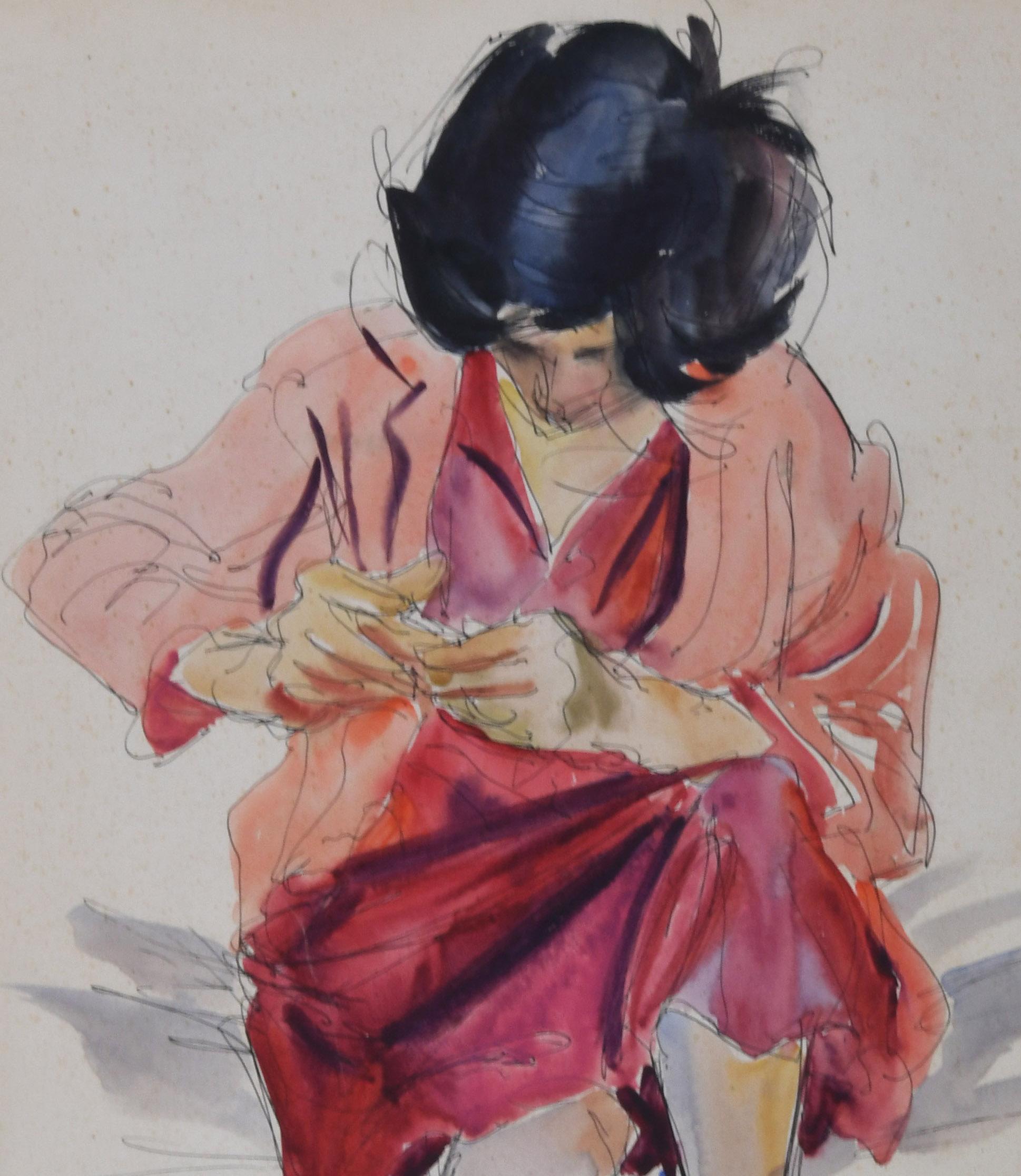 El vestido rojo - Figurative Art Gris de Robert Hallowell