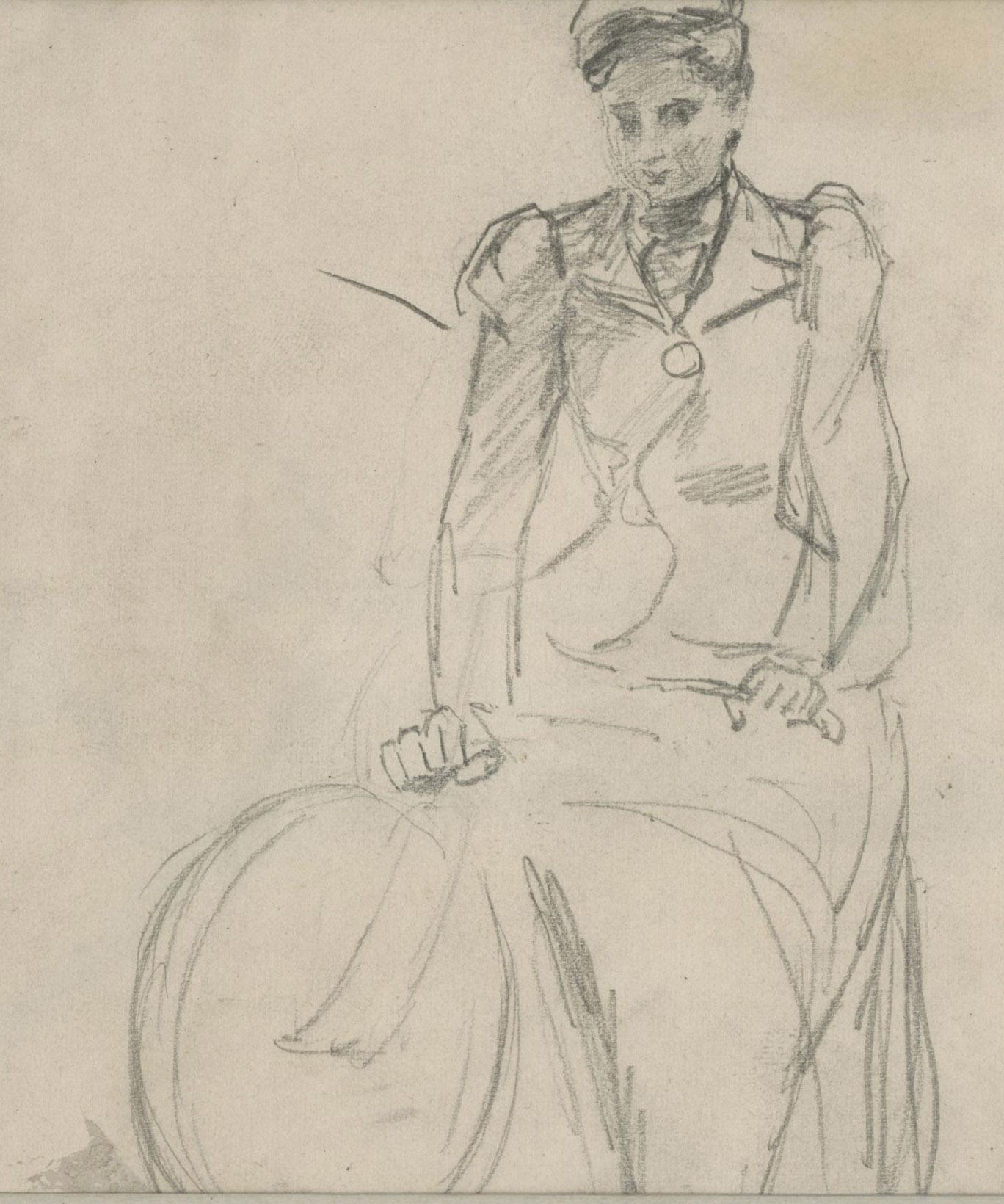 Frau mit Fahrrad: Zwei Ansichten (Beige), Figurative Art, von Frank Duveneck