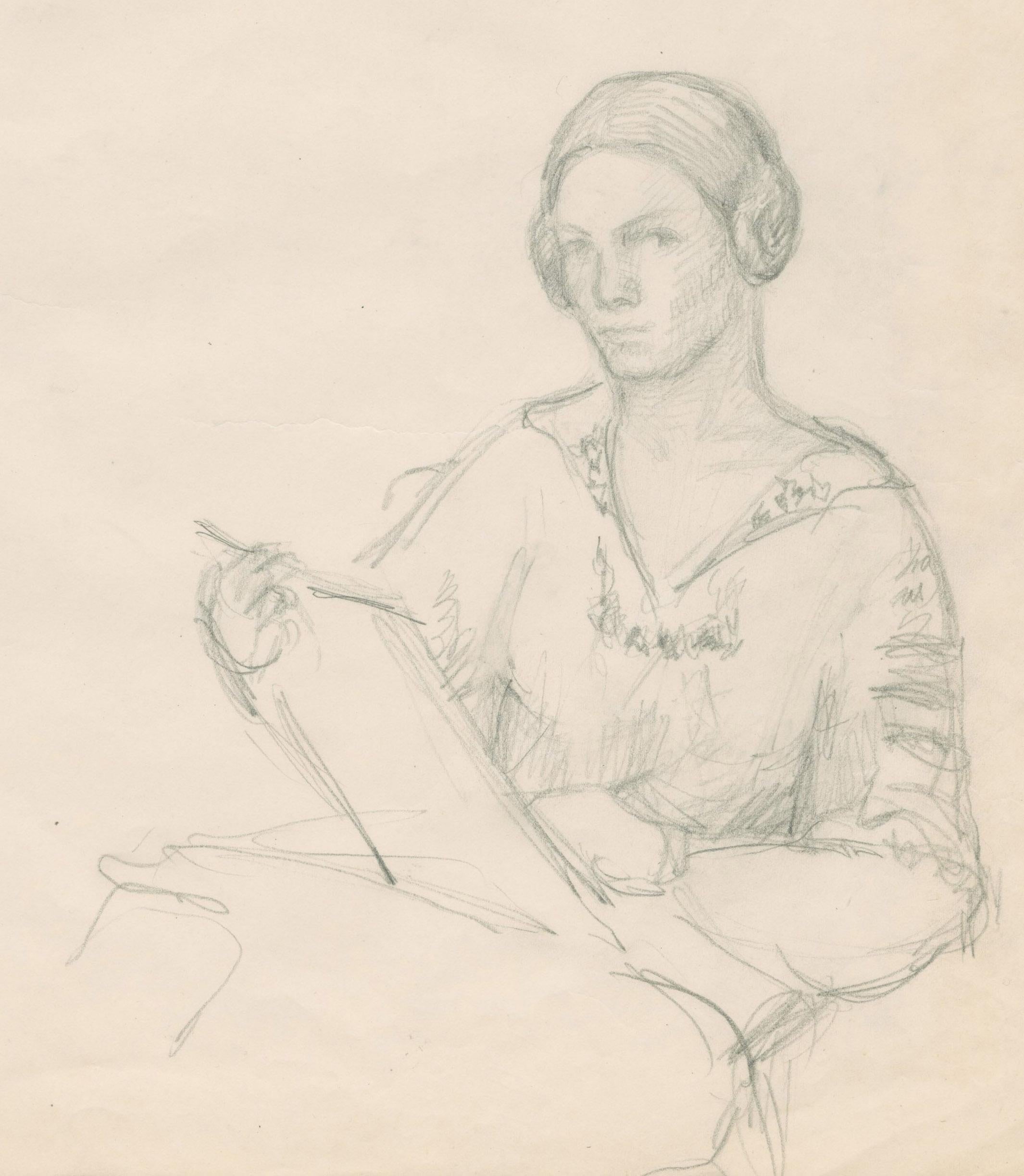 Self Portrait sketching with Vignette in Profile - American Modern Art by Margarete Hoening French