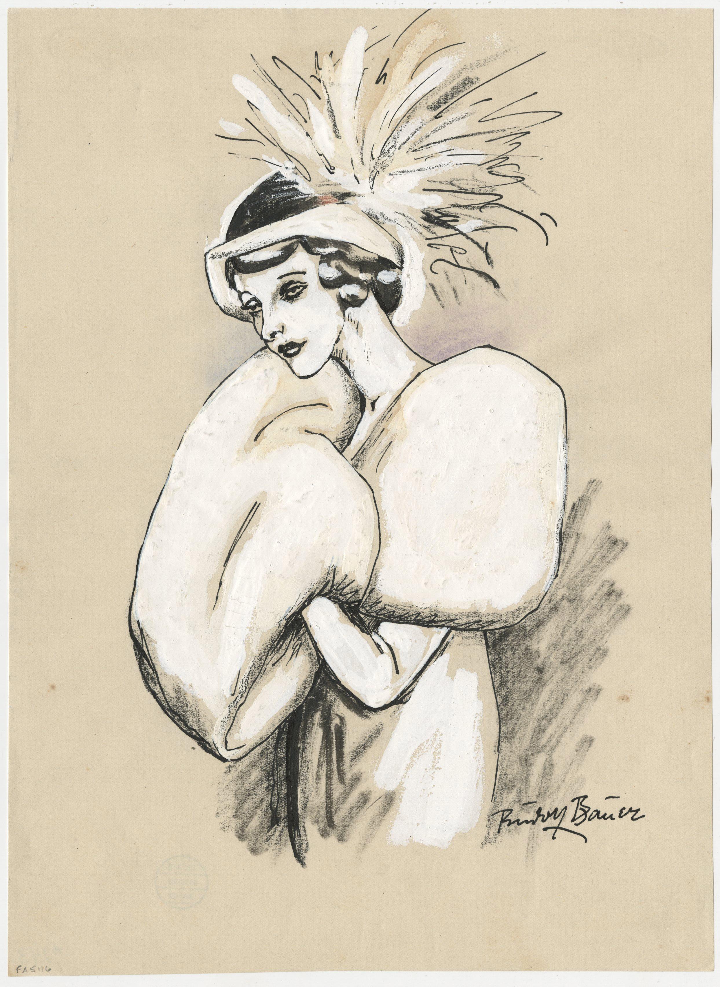 Rudolf Bauer Figurative Art – Frau im Pelzmantel