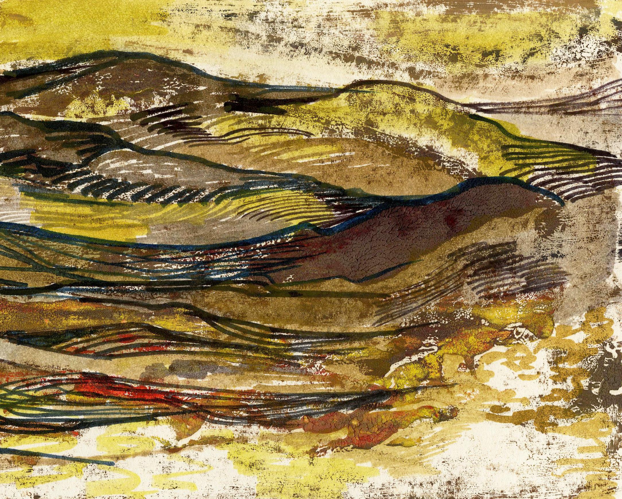 Paysage montagneux, Mexique   
Monotype en couleurs sur papier épais, c. 1960.
Signé à l'encre en bas à gauche 