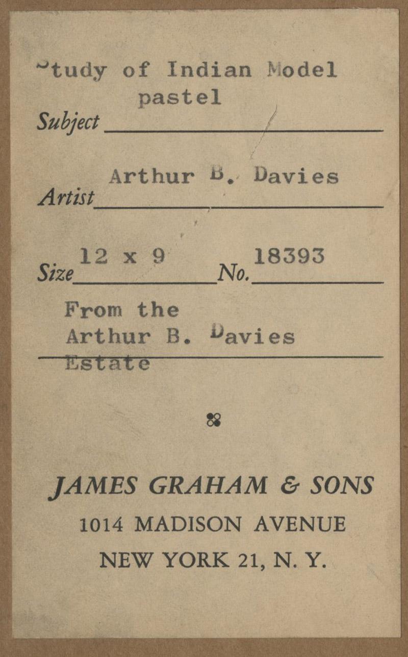 Étude d'un modèle indien
Non signé
Pastel et craie sur papier bleu, monté sur support
Provenance :
Succession de l'artiste (par Graham and Sons, agent de la succession)
James Graham & Sons, New York (deux labels, un label antérieur à 1963 et un