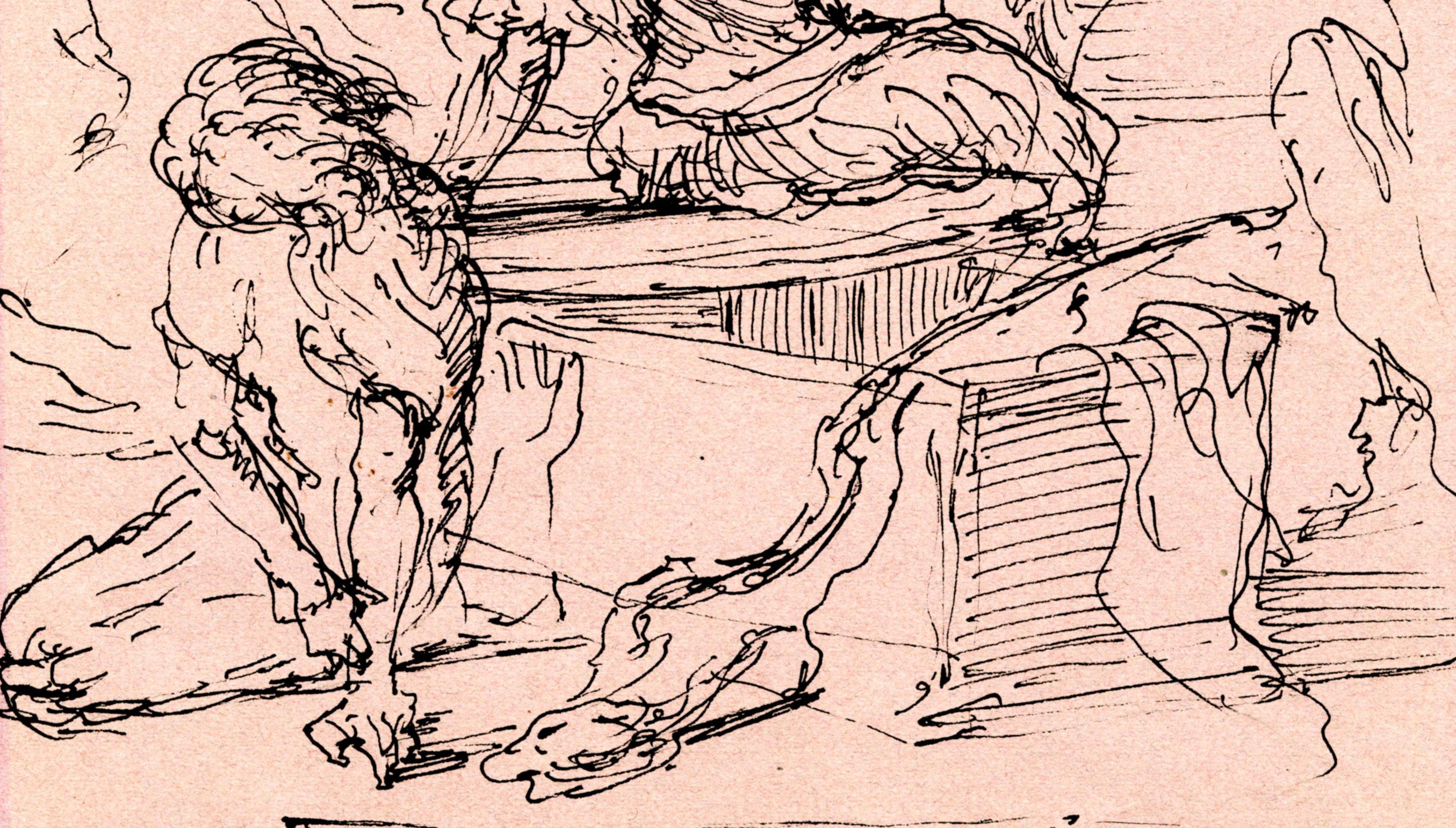 Veillee Sepulchrale; Verso: Studio di due figure in un paesaggio - Landscape Art Arancia di Eugene Berman