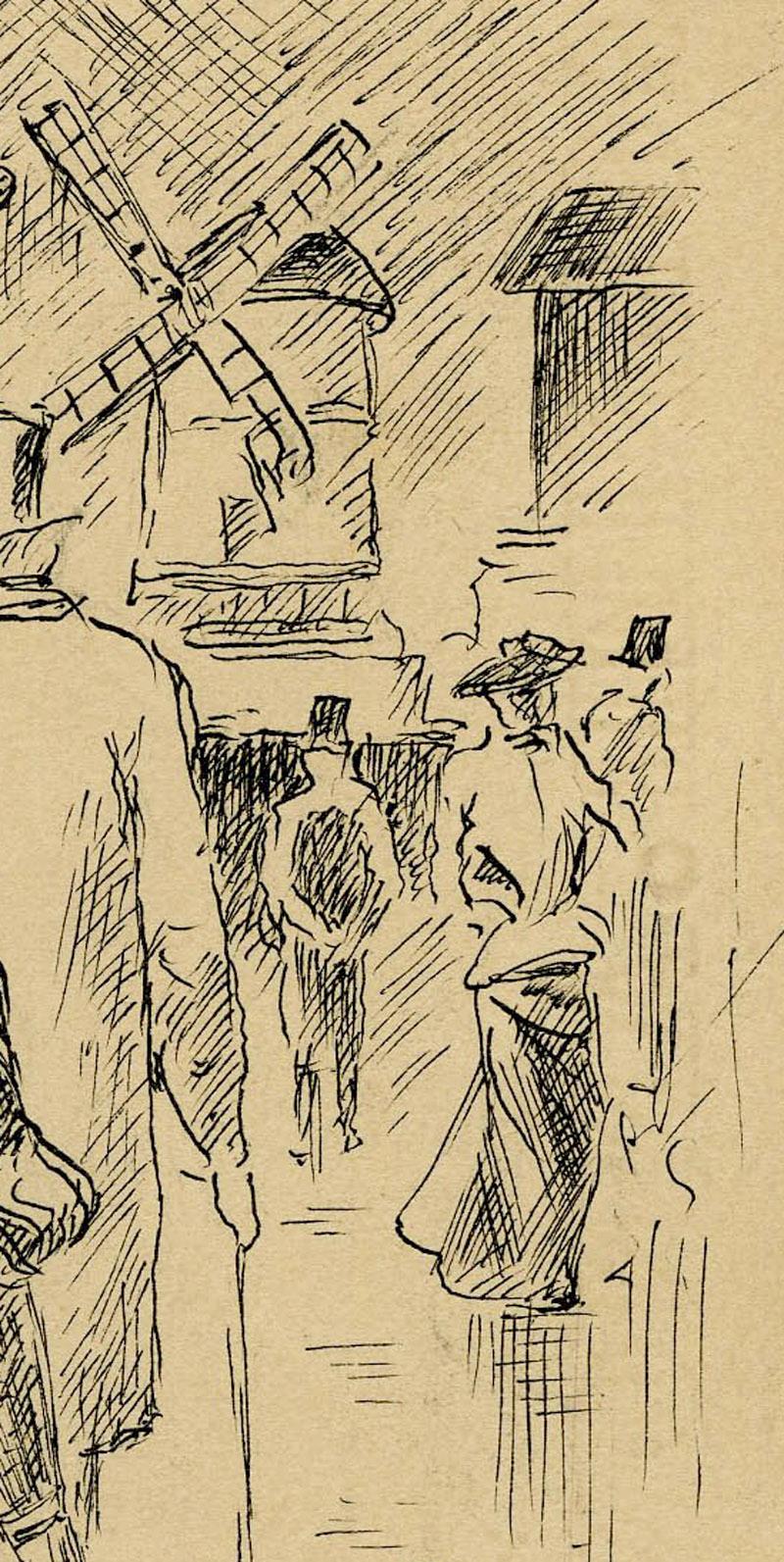 Night Life at the Moulin Rouge
Pen and ink drawing, c. 1890
Signed lower left (see photo)
A scene of the night life near the Moulin Rouge, Paris.  The Moulin Rouge is the famous cabaret located in the old wind mill building in the right distance of