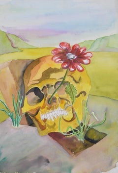 Paesaggio surrealista con teschio e margherita rossa