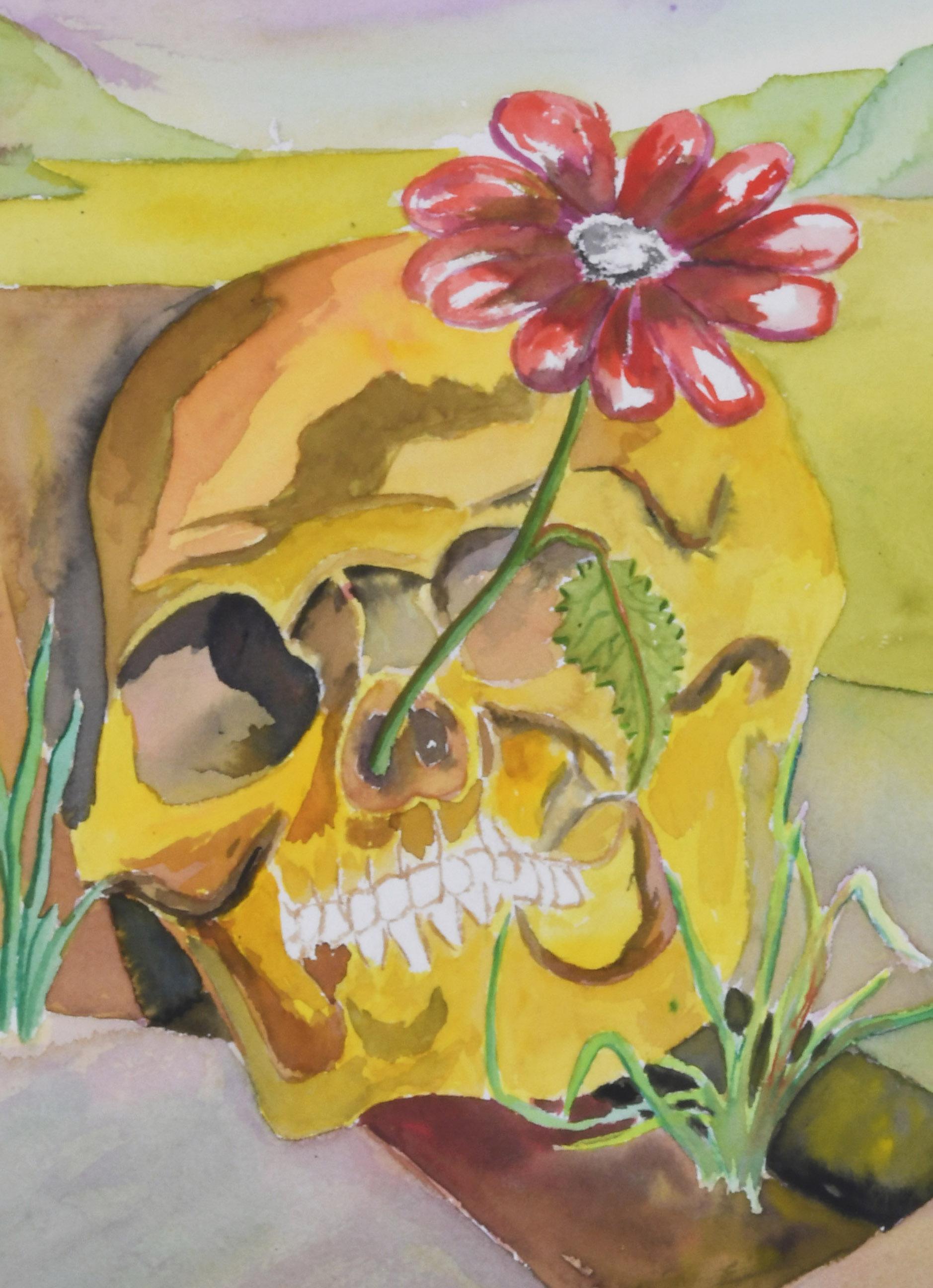 Surrealist landscape with skull and red daisy - Brown Still-Life by Charles Harris AKA Beni Kosh