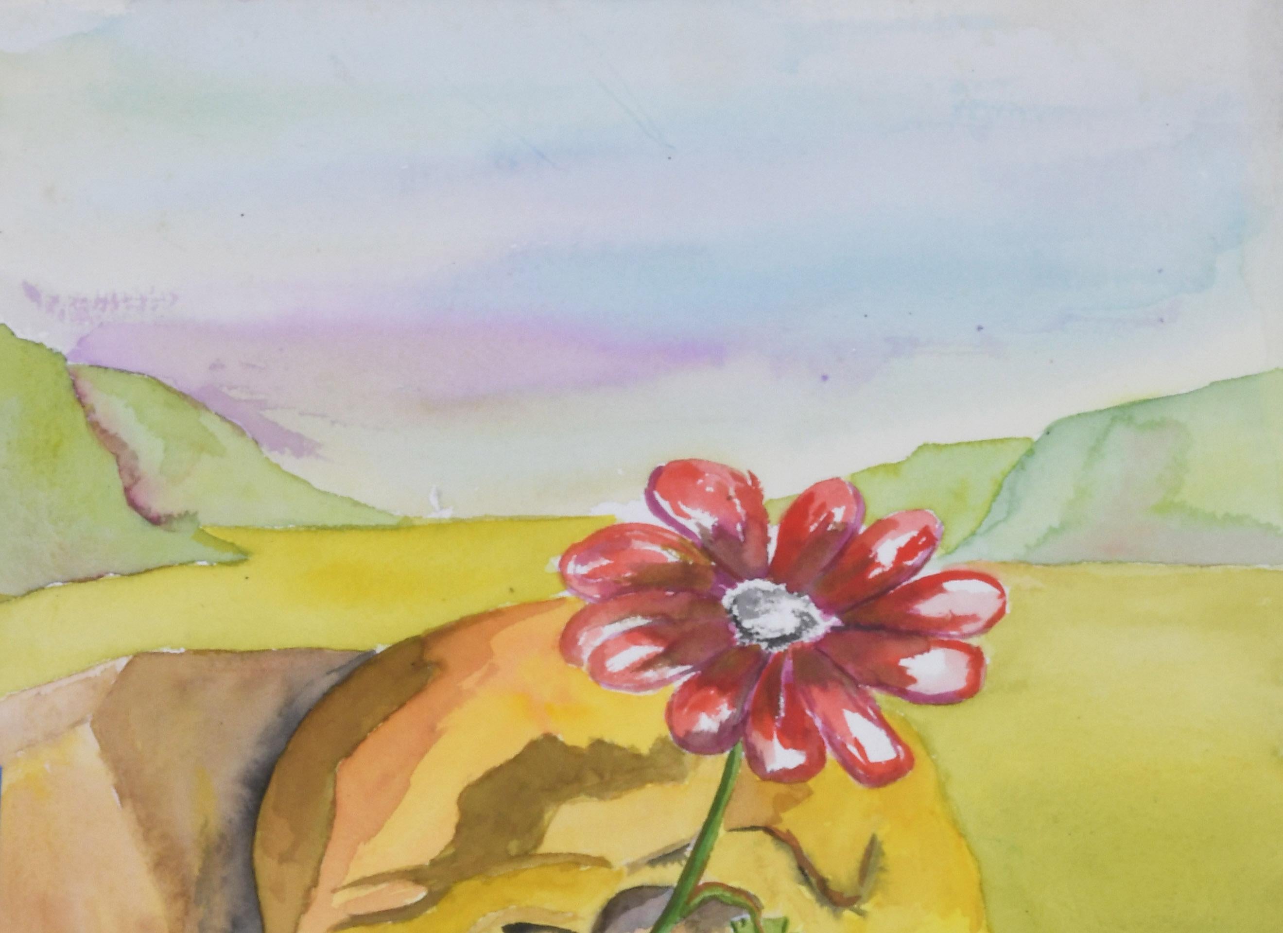 Surrealist landscape with skull and red daisy
Watercolor on paper, 1960-1970
Unsigned
Stamped with the artist's estate stamp verso (see photo)
Provenance: Estate of the artist
Reference: Beni Kosh Collection #67
Condition: Excellent
Image/Sheet