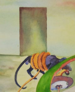 Surrealist landscape with animal and figures