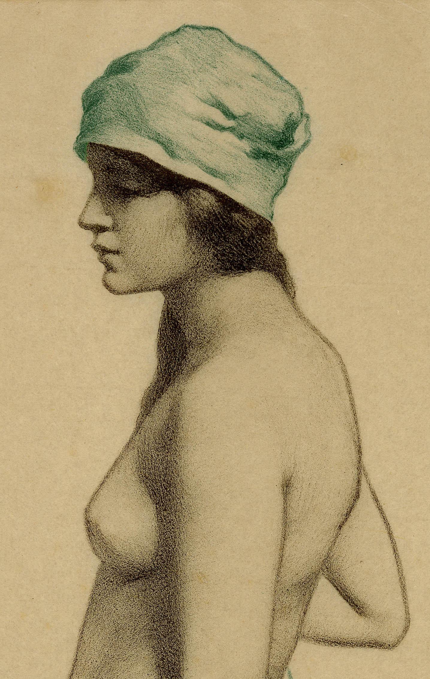 Nude with Headdress and Drape
Charcoal and colored pencil on paper, c. 1940
Signed by the artist in pencil lower left (see photo)
Painter, lithographer and woodblock printer, born at Wilton, Roxburgh, Scotland who studied at the Royal College of