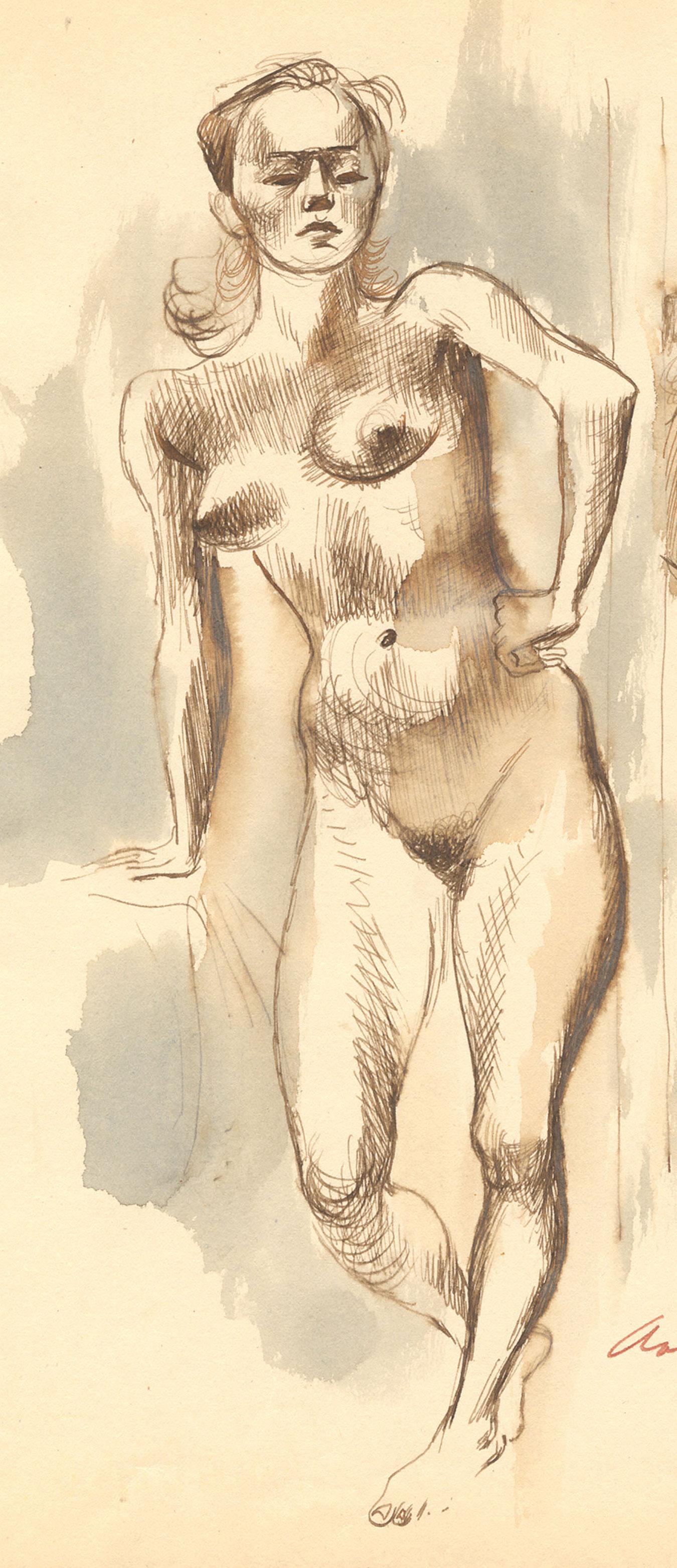 Nude in a Mirror
Ink and wash on paper, n.d.
Signed in red ink lower right (see photo)
Illustrated: Elliott & Wooden, page 153, a monograph on the artist's drawings
      Note: a copy of the book accompanies the drawing
Provenance: Estate of the