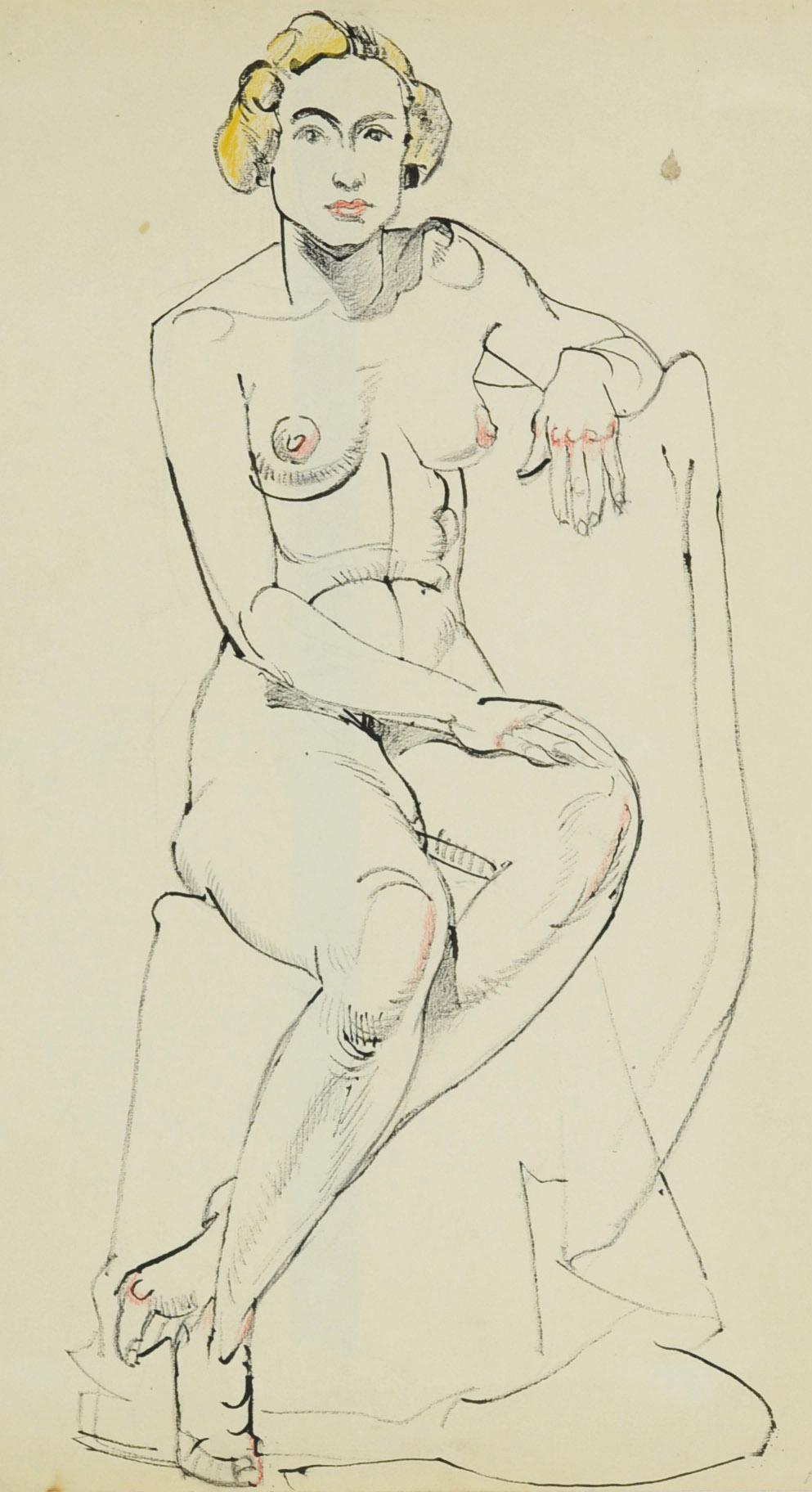Sitzender Akt
Streichholz-Tuschezeichnung, um 1925
Vom Künstler mit Bleistift rechts unten signiert: A. Biehle
Erstellt im Kakoon Arts Club, Cleveland.  Beeinflusst von seinem Freund und Künstlerkollegen William Sommer (1867-1949), der im Kakoon