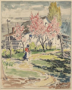 Paysage de printemps avec maison et personnage