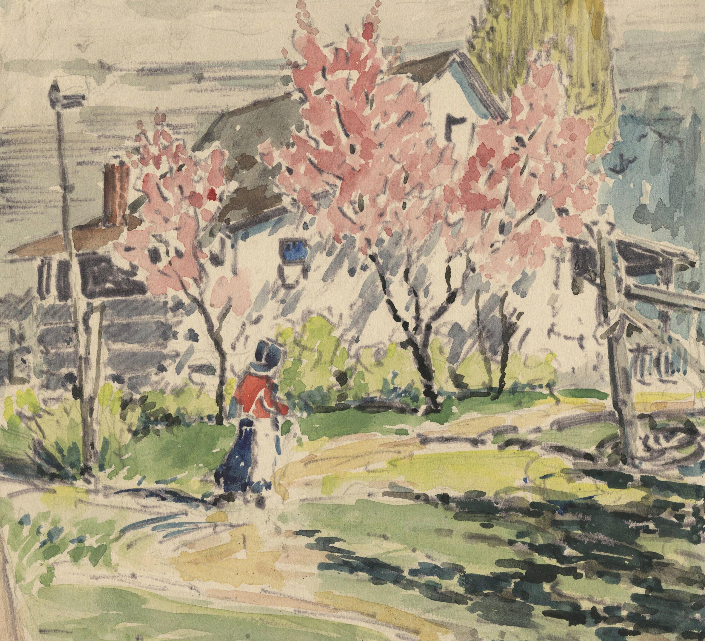 Paesaggio primaverile con casa e figura - Art di Louis Oscar Griffith