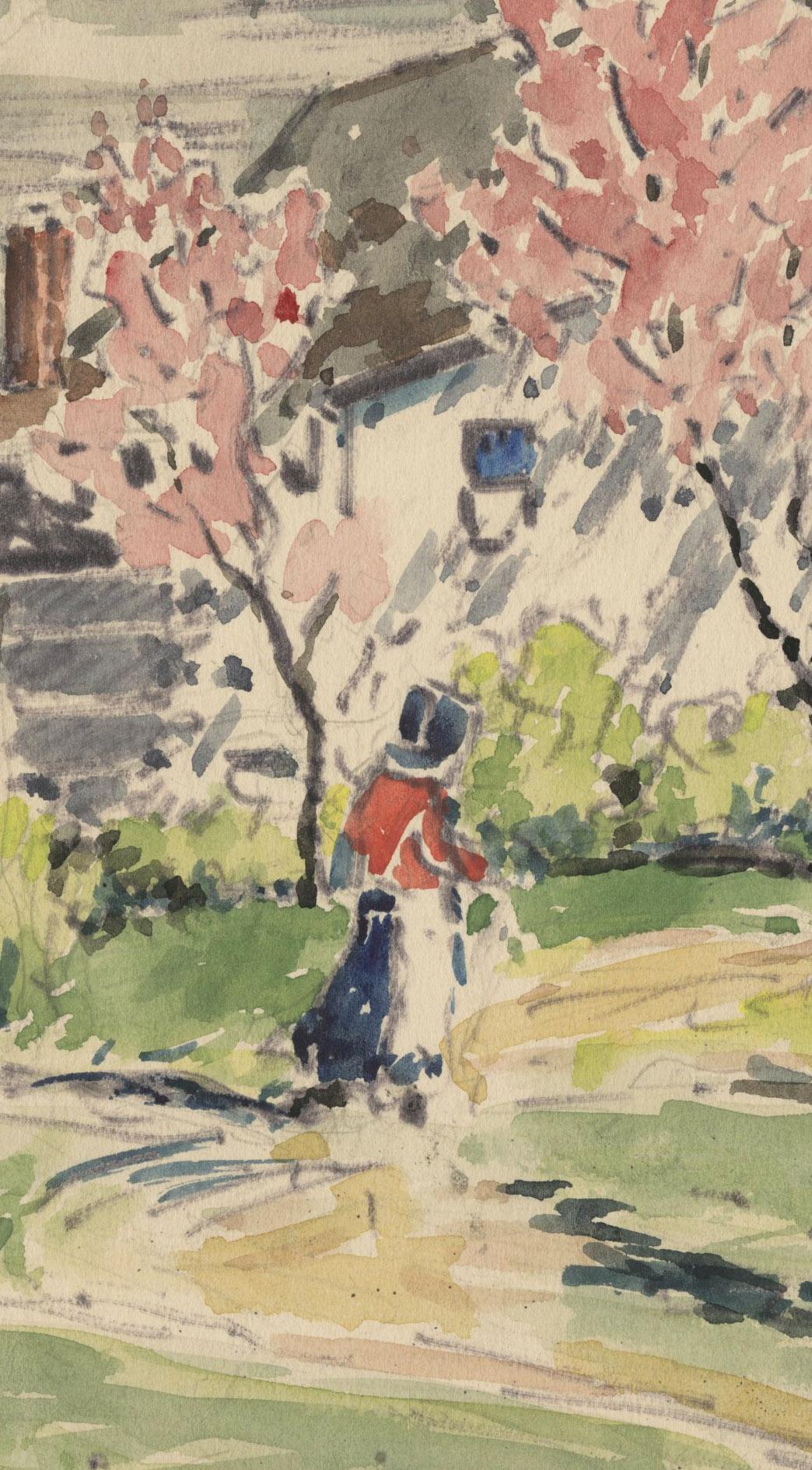 Paesaggio primaverile con casa e figura - Art Impressionismo americano di Louis Oscar Griffith
