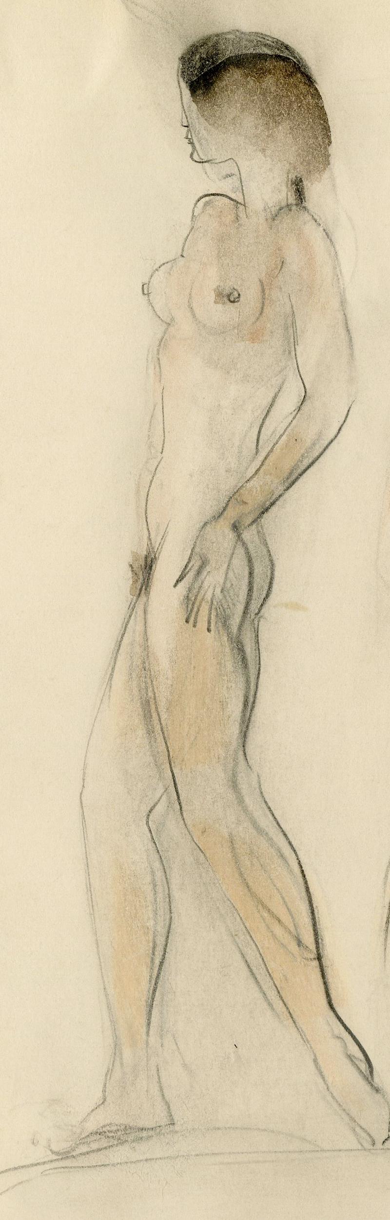 Untitled (Two Standing Nudes, one seated nude) - Art Deco Art by Boris Lovet-Lorski